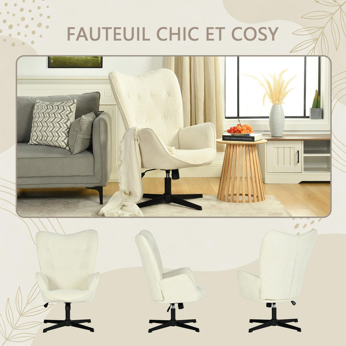 DREHSESSEL, 2er-Set, um 360° drehbar und höhenverstellbar, Chenillebezug, Beige - Beige, Metall (67/100/73.5cm) - Meubles Cosy