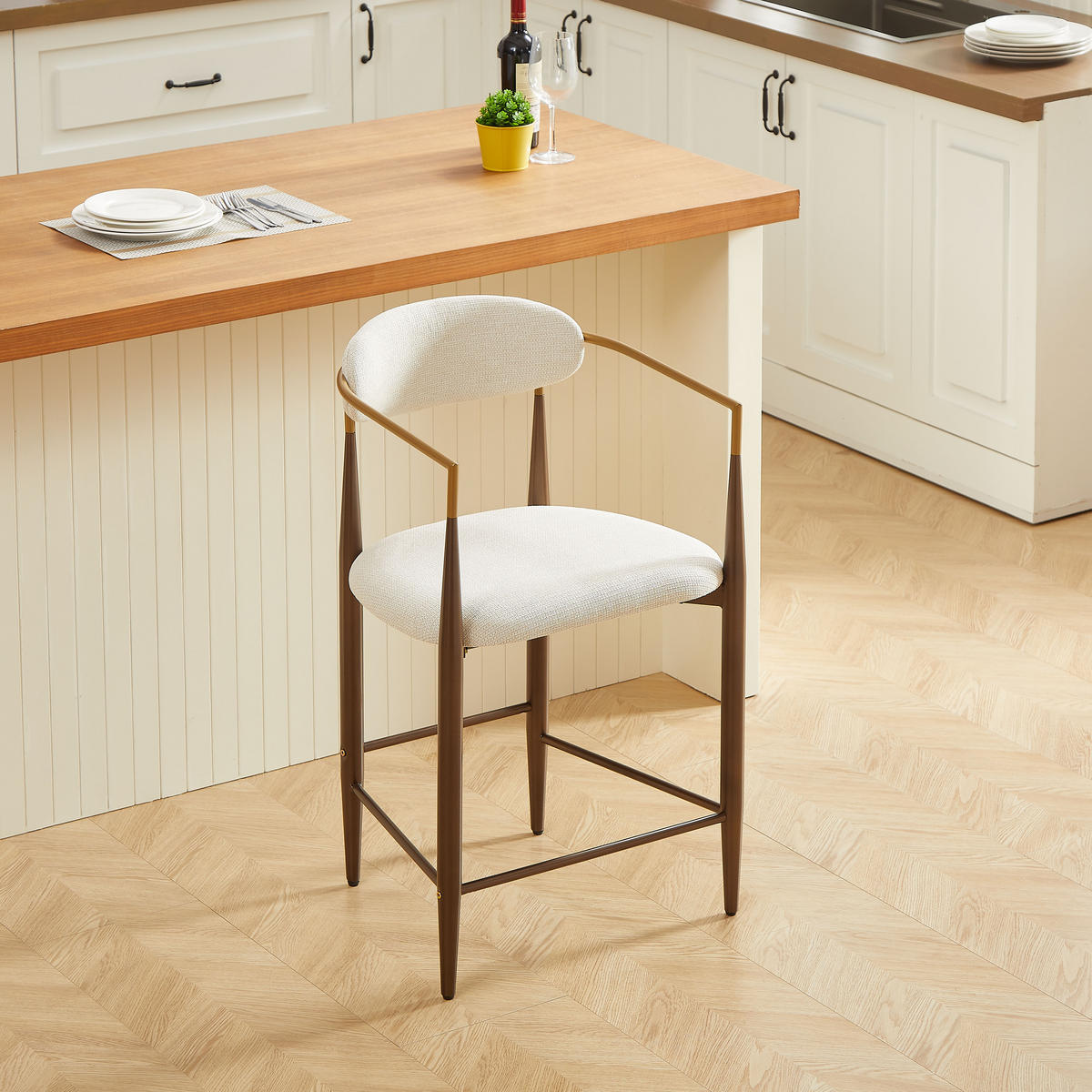 BARHOCKER 2er-Set mit Armlehnen und Stoffkissen, Creme - Beige, Textil (49/102/59cm)