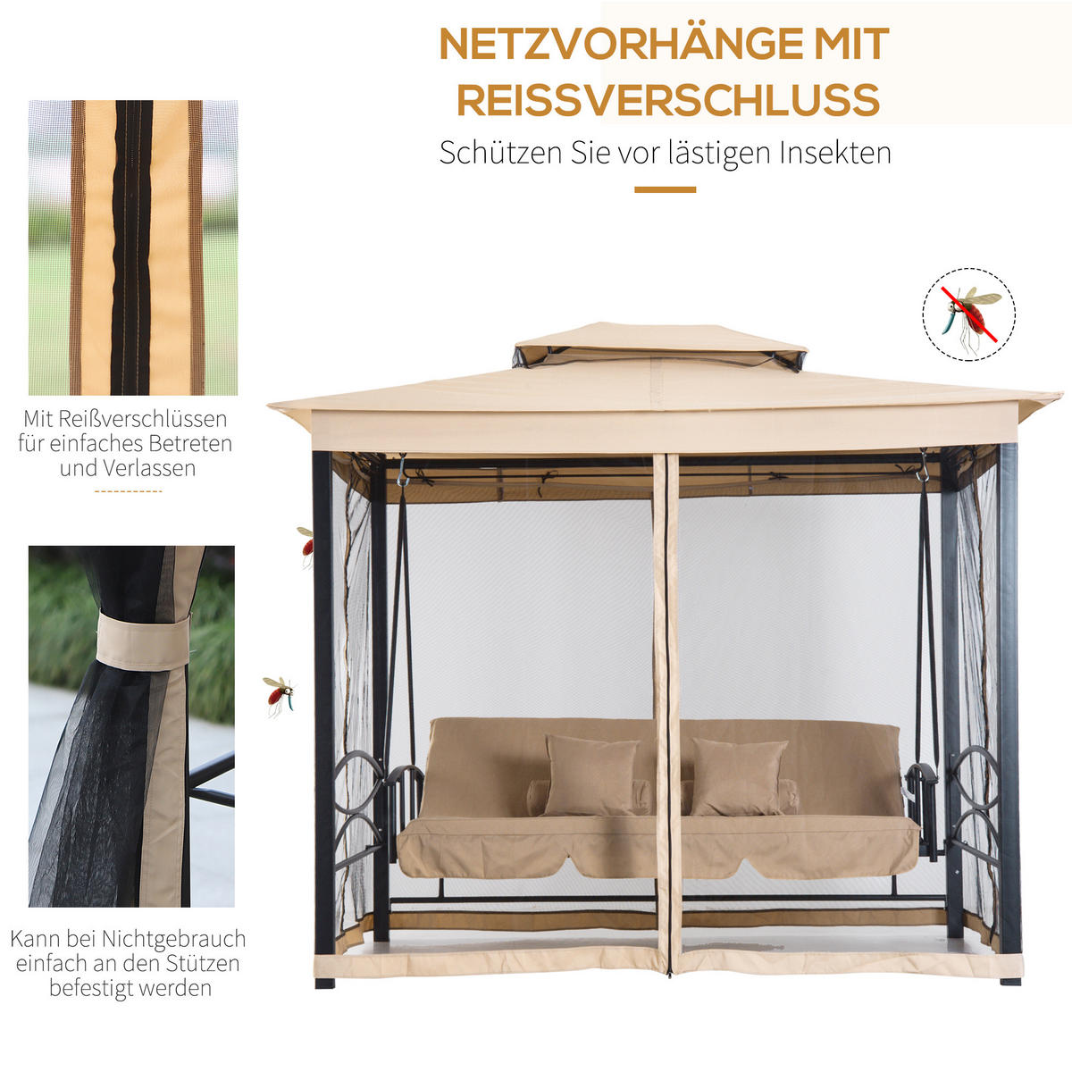 HOLLYWOODSCHAUKEL DE-06995 3-Sitzer, mit Seitenwänden & Moskitonetz, Liegefunktion Beige - Beige/Schwarz, Metall (256/248/172cm) - ComfortXL