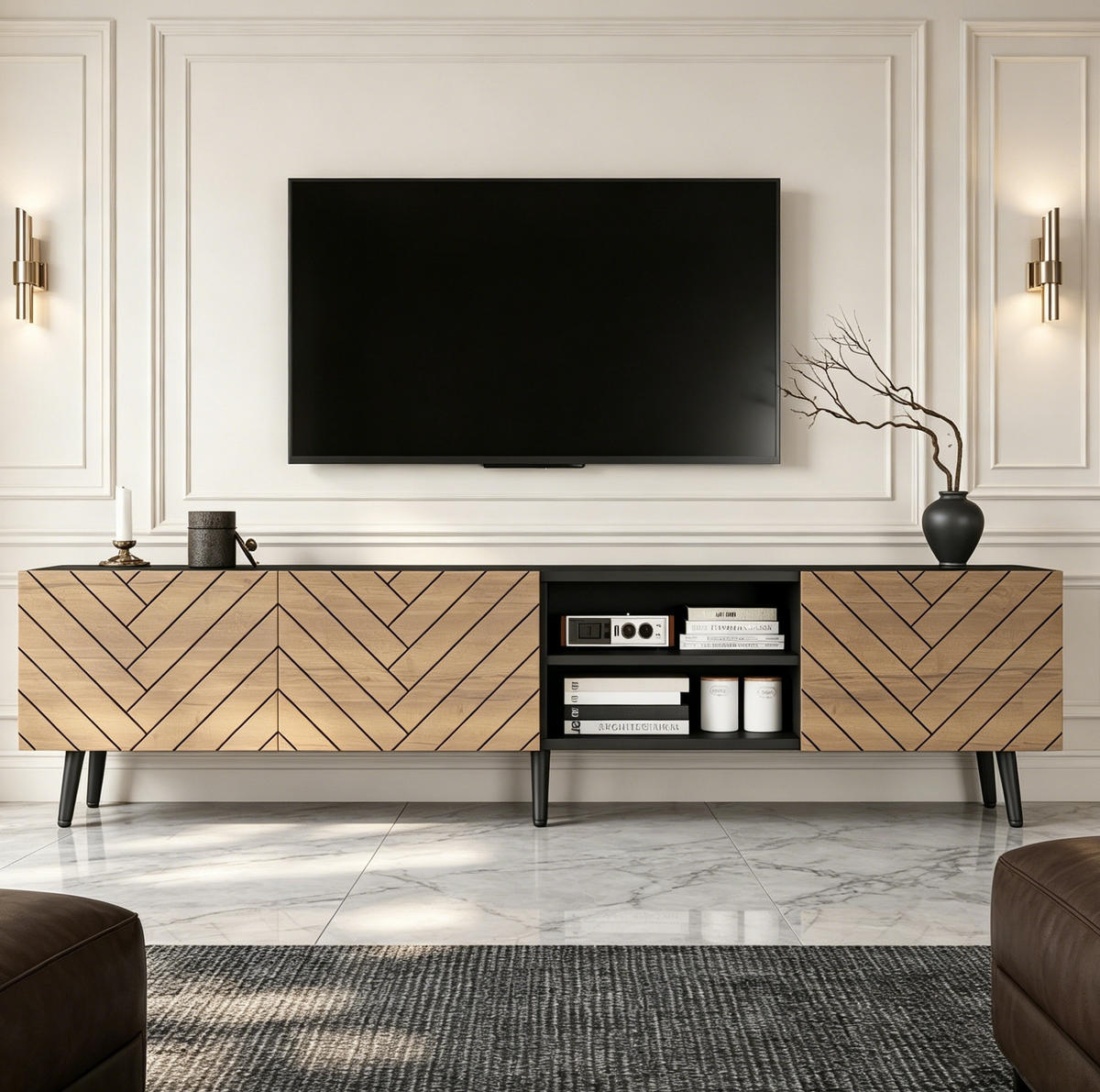 TV-LOWBOARD 180/33,5/45 cm naturfarben-schwarz aus Spanplatte mit Kabeldurchführung - Naturfarben, Holzwerkstoff (180/45/33.5cm) - OKWISH