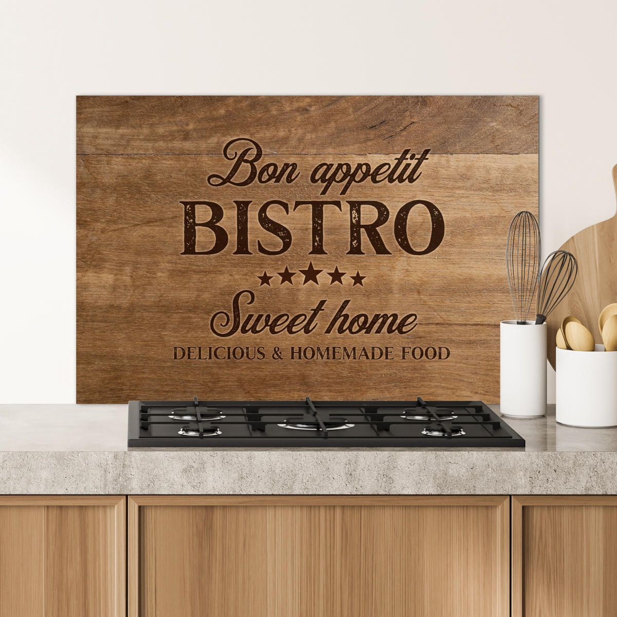 SPRITZSCHUTZ KÜCHE Zitat - Bistro - Guten Appetit - Süßes Zuhause - Holzmaserung 90x60 cm - Braun, Metall (90/0.3/60cm) - MuchoWow
