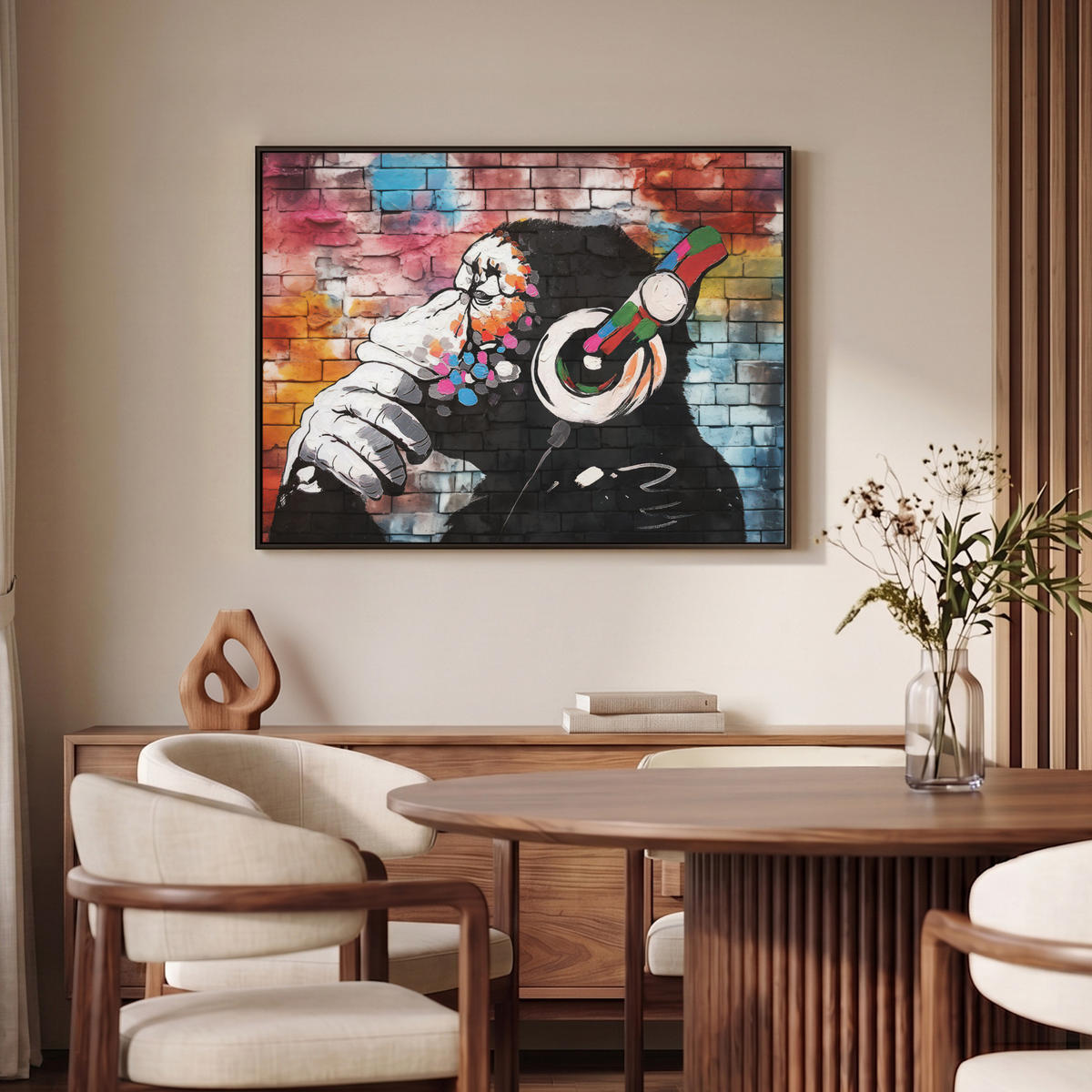 LEINWAND Bilder mit Rahmen - Affe - Graffiti - Musik - 100x70 - Multicolor, Textil (100/70cm) - MuchoWow