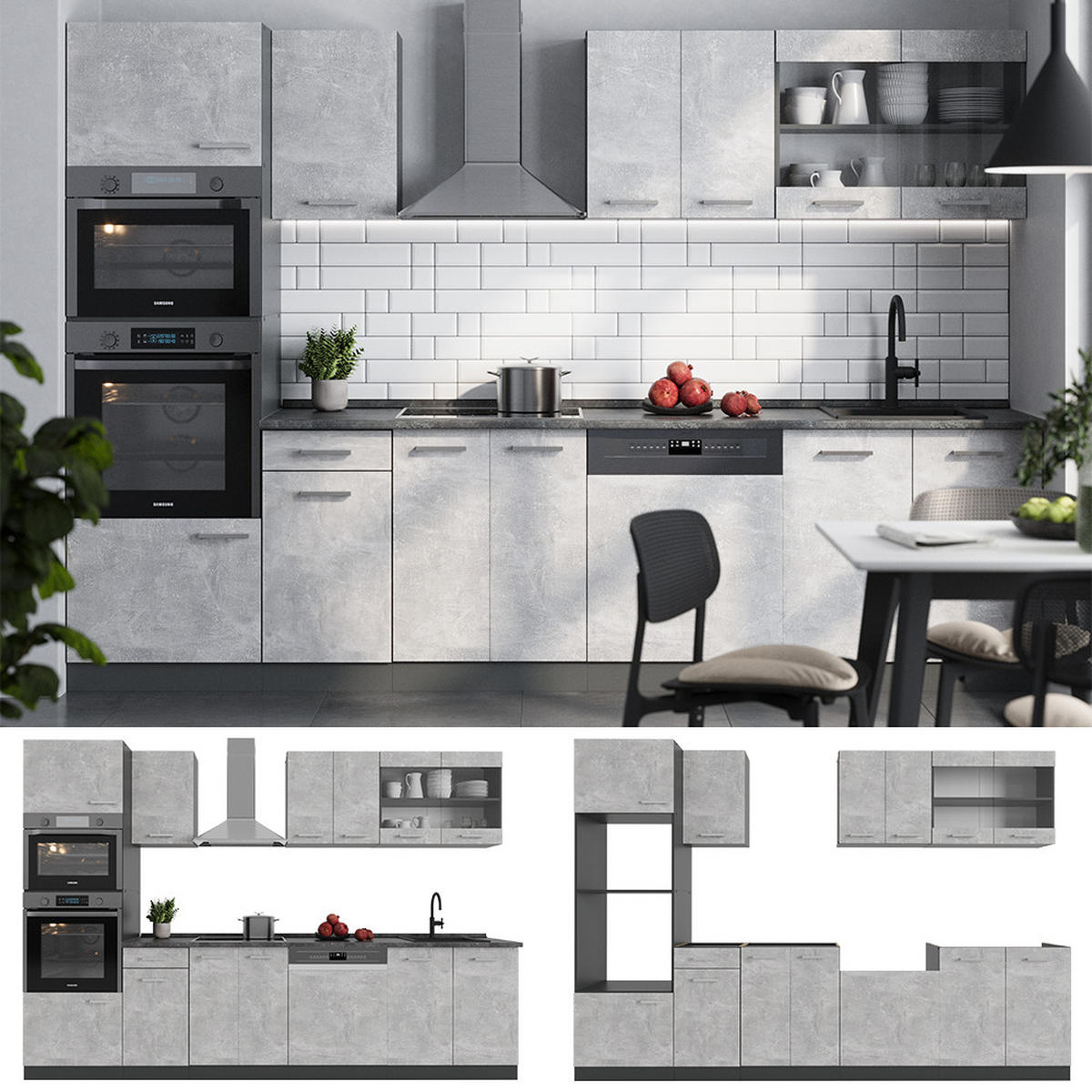 KÜCHENZEILE R-Line Beton/Anthrazit 300 cm mit Hochschrank, ohne Arbeitsplatte - Schieferfarben/Anthrazit, Holzwerkstoff (300/81.6/46cm) - Vicco