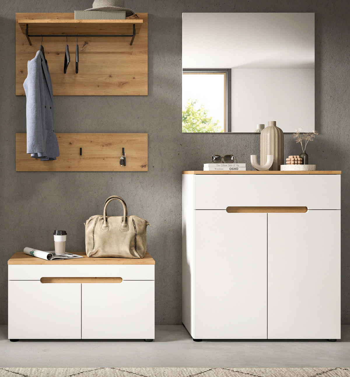 GARDEROBEN-SET weiß, Eiche Artisan 5-teilig 175 cm, Komplett-Set mit Soft-Close - Weiß, Glas/Holzwerkstoff (175/190/37cm) - Inn.Furn