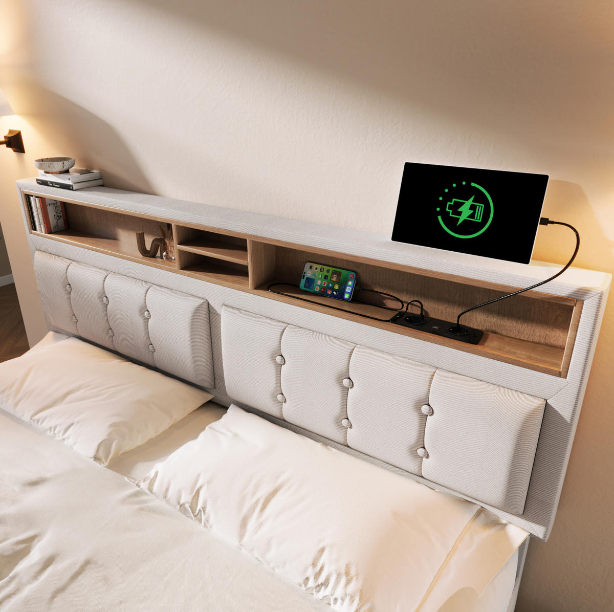 POLSTERBETT mit 4 Schubladen 160x200 cm Leinen Beige mit USB-C - Beige, Metall (160/200cm) - Meubliv