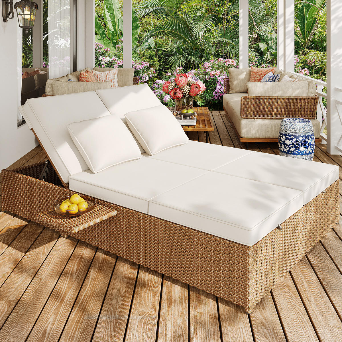 GARTENLIEGE Doppelbett Rattan Klappbar Wetterfest Mit Kissen Weiß - Weiß, Metall (120/37/199cm) - FLIEKS