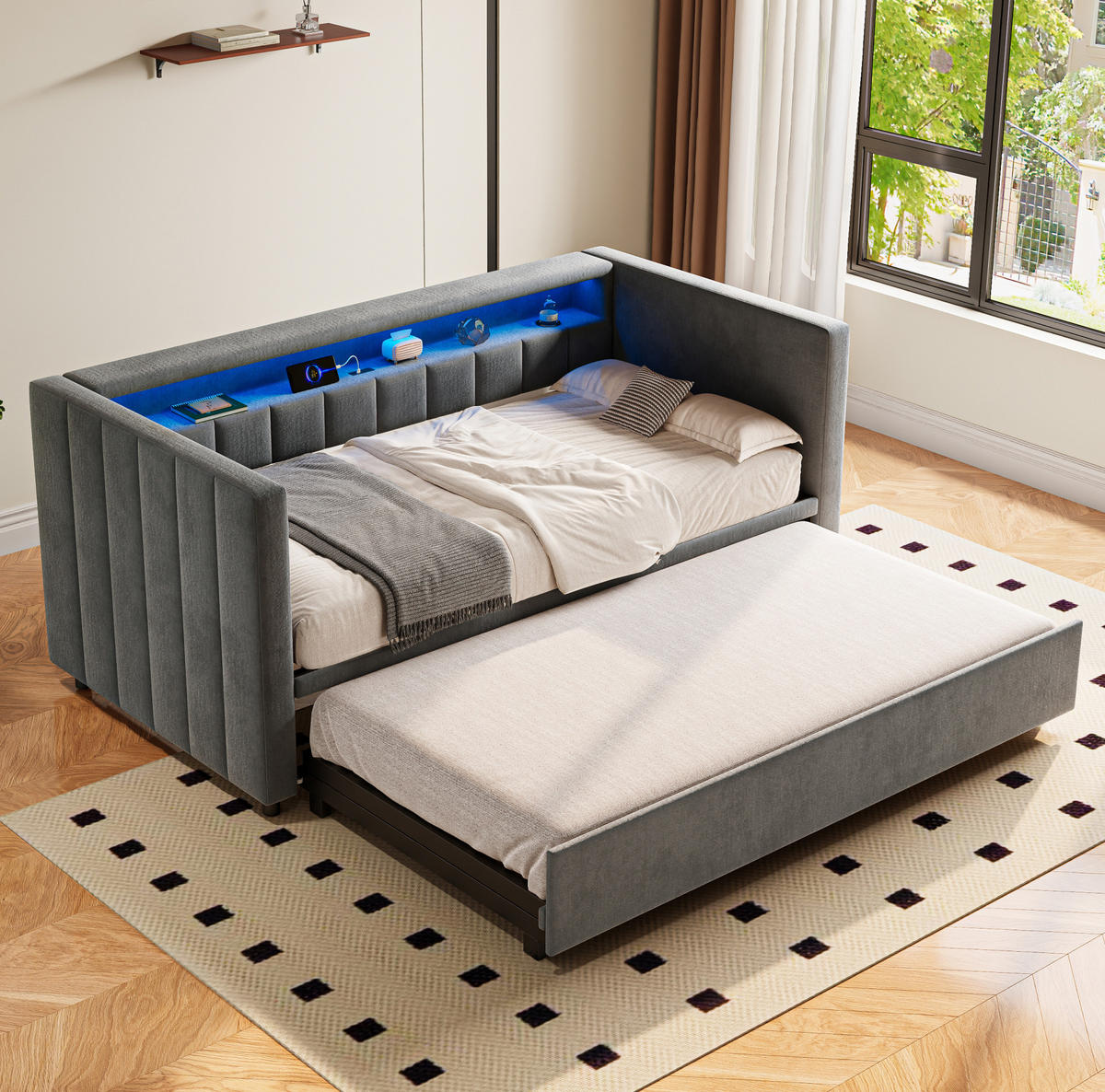 SCHLAFSOFA 90/190 cm mit Ausziehbett, LED-Beleuchtung, USB-Type-C und Samtbezug, Dunkelgrau - Dunkelgrau, Textil (201/73/100cm) - Redom