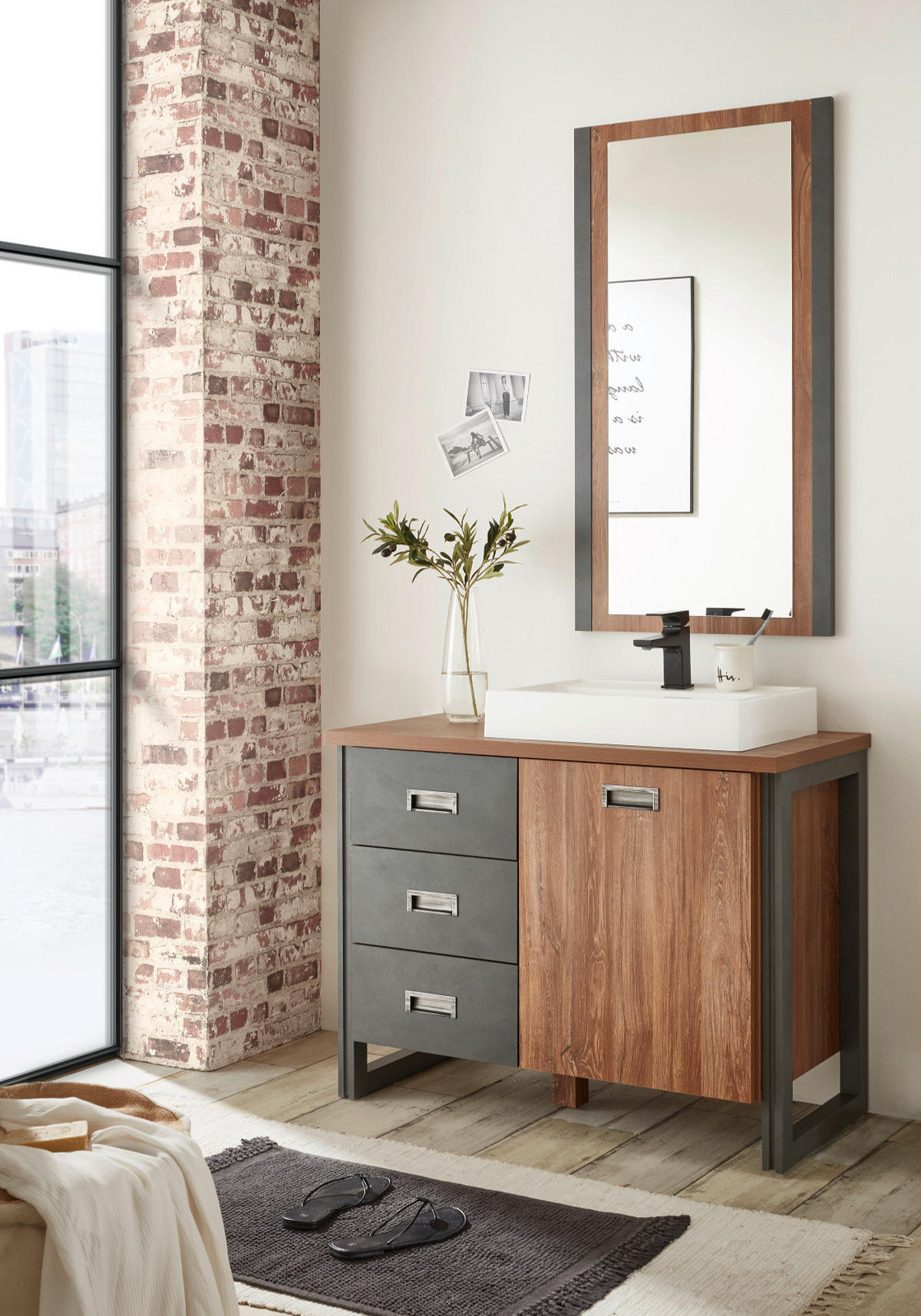 WASCHBECKENUNTERSCHRANK Eiche Stirling, Matera grau, Badmöbel Waschtisch 91 x 75 cm - Eichefarben/Grau, Holz/Holzwerkstoff (91/85/40cm) - Furn.Design