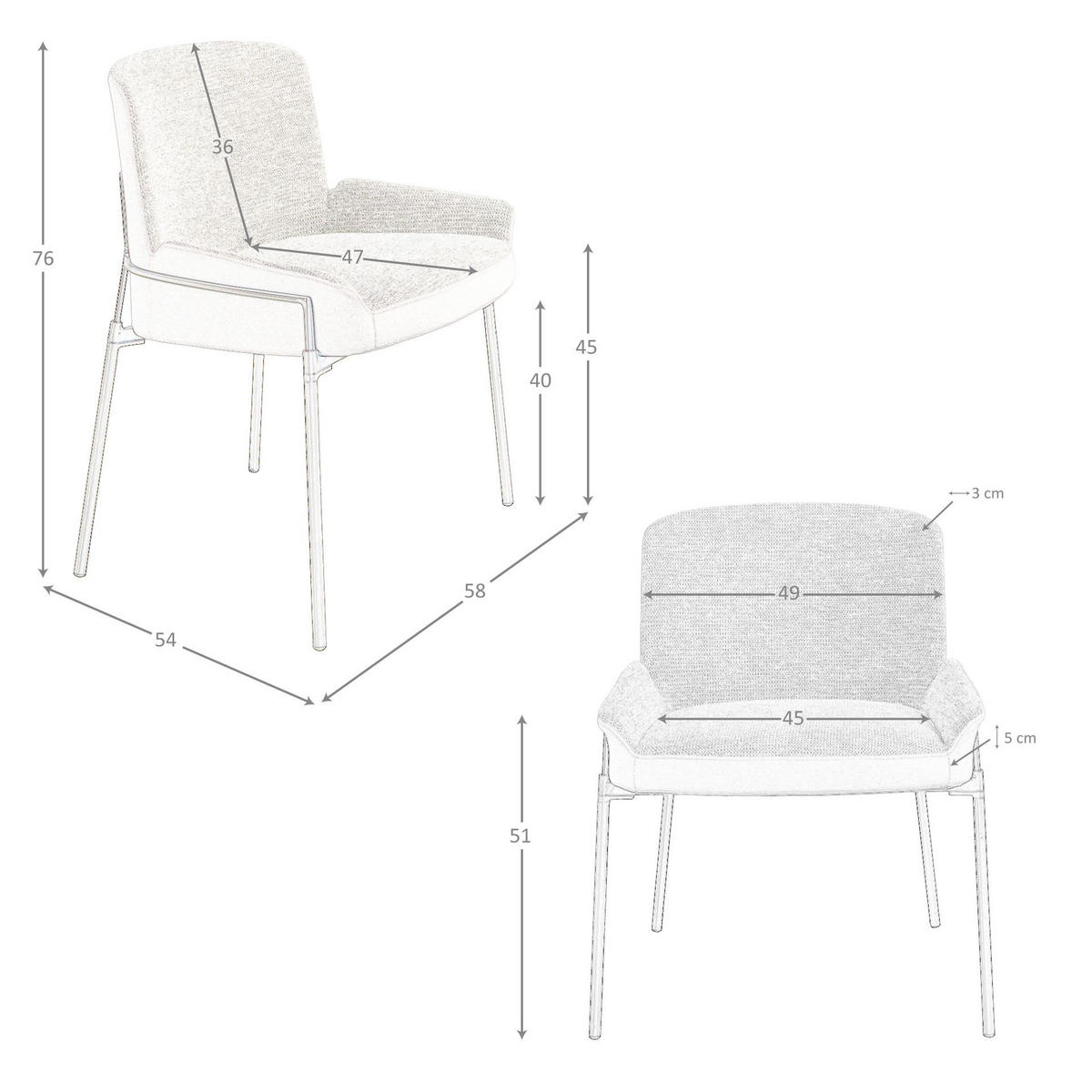 STUHL asymmetrisch Grau Stahl 58/54/76 cm - Graubraun, Textil/Metall (58/76/54cm) - ANGEL CERDA
