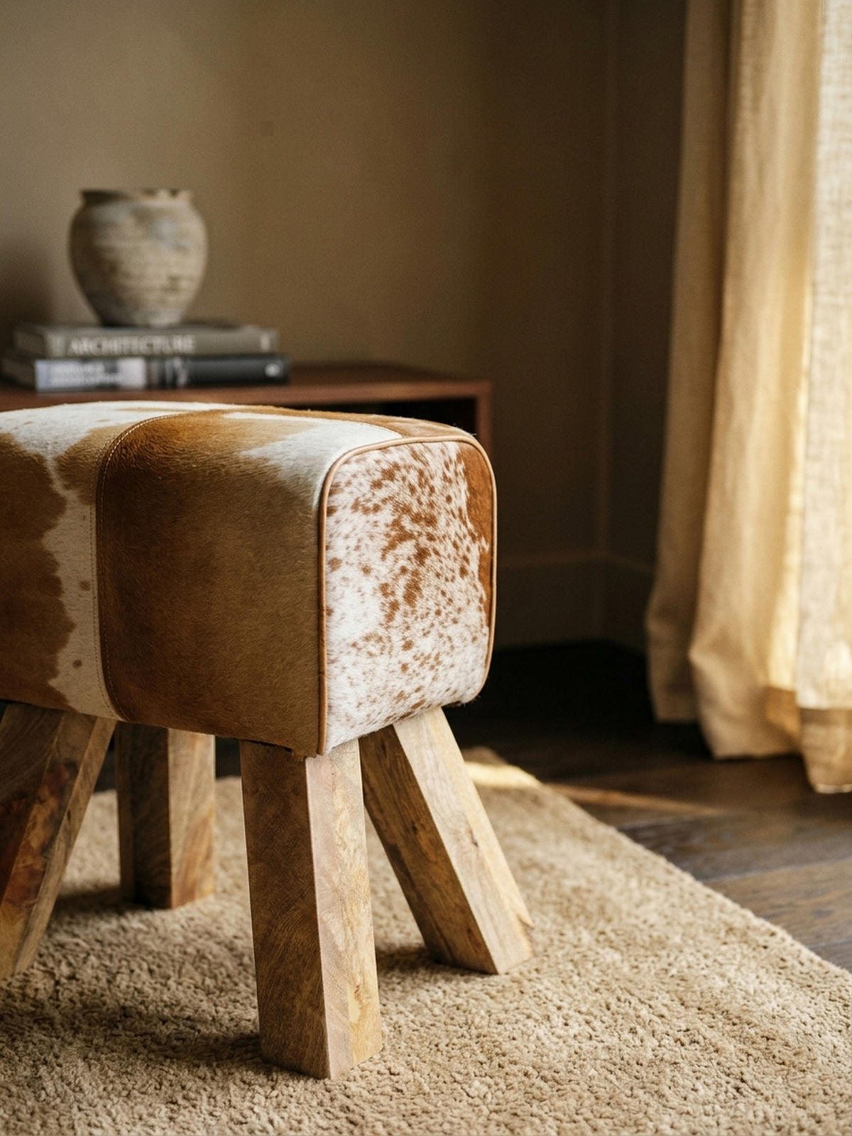 SITZHOCKER Retro Landhaus Holzbeine, Beige-Braun 40x30x47 cm - Beige/Braun, Mangoholz/Leder (40/47/30cm) - KADIMA DESIGN