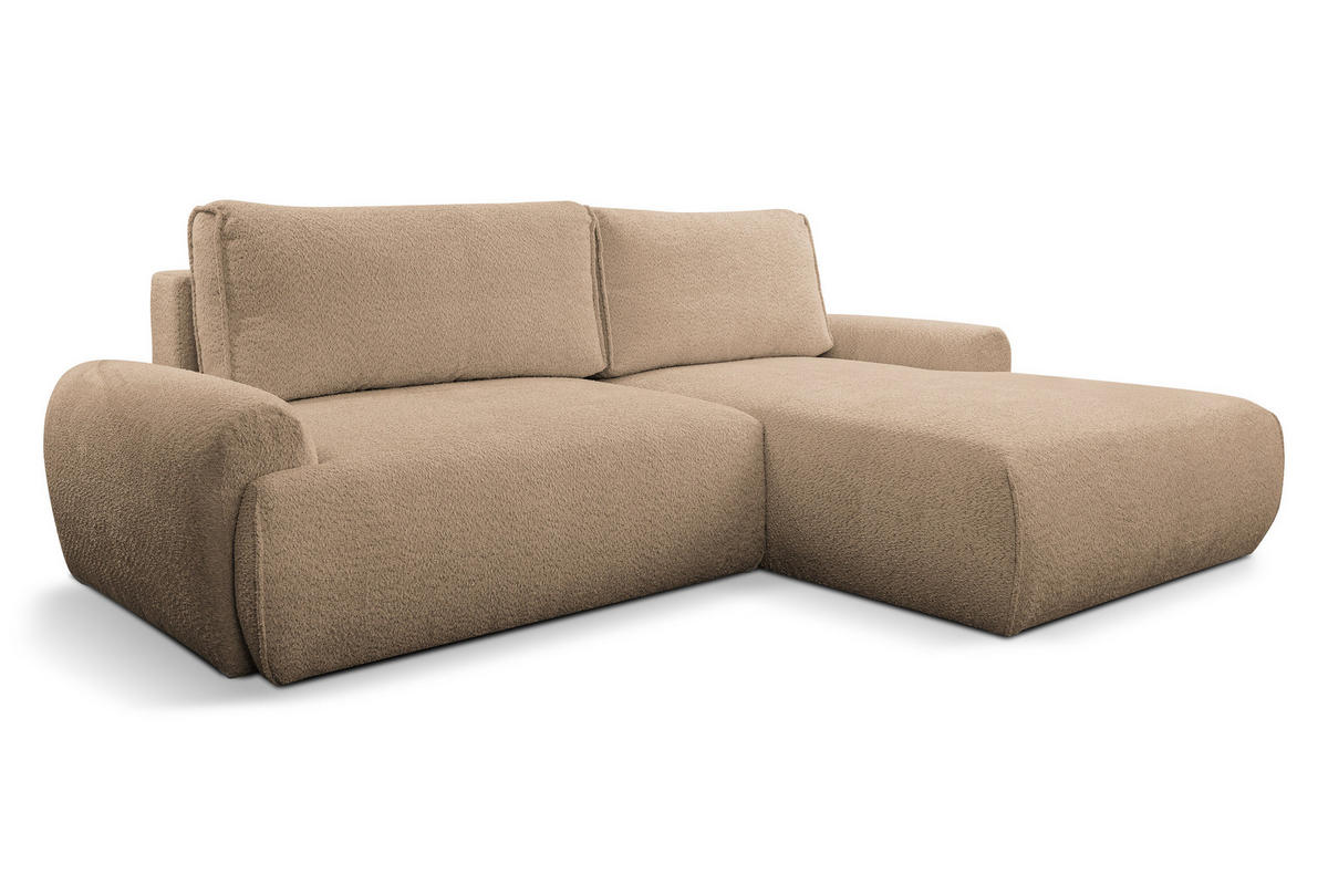 ECKSOFA Moon in L-Form mit Schlaffunktion und Bettkasten, Farbe: Braun, Bouclé-Stoff, Ottomane Rechts - Braun, Textil (260/136cm) - VENASI MÖBEL
