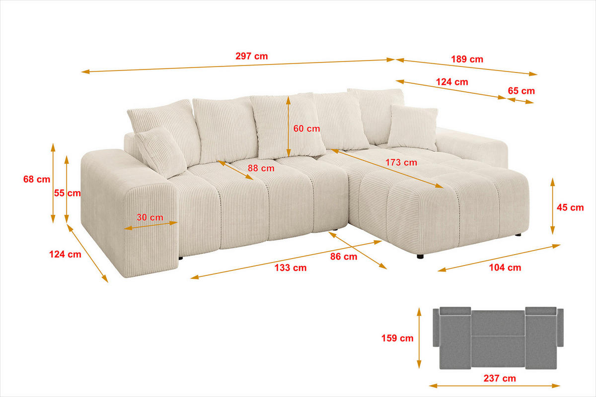 ECKSOFA Ottomane rechts ENIL-L 297x189x68 Beige Cord - Beige, Holzwerkstoff/Kunststoff (189/297cm) - ALTDECOR