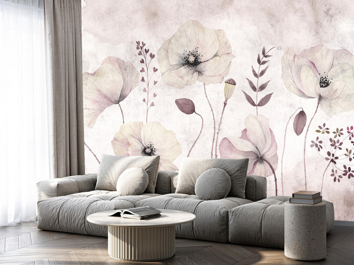 FOTOTAPETE für Schlafzimmer Zarte Mohnblumen Wiese Blumen 500x350 - Violett, Papier (500/350cm) - Muralo