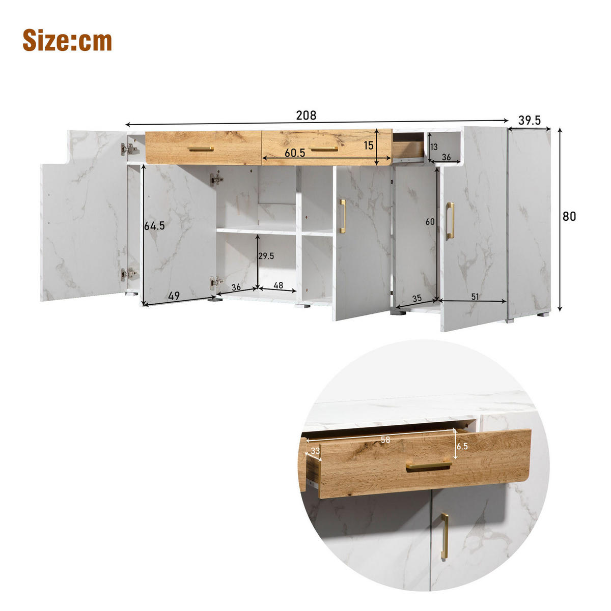 SIDEBOARD aus Spanplatte 208x39,5x80 cm Weiß mit 4 Türen und 2 Schubladen - Weiß, Holzwerkstoff (208/80/39.5cm) - IVMEU
