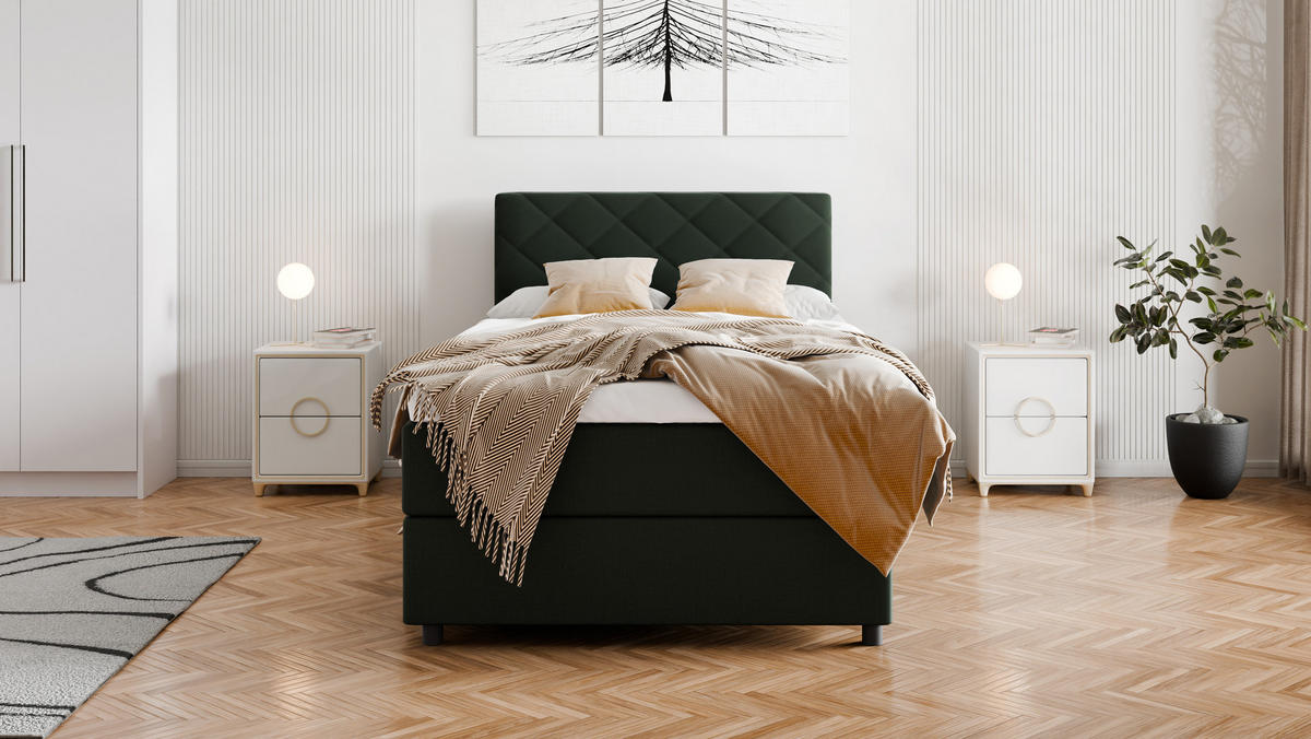 BOXBETT Diamaro 120x200 cm mit Bettkasten und Topper - Dunkelgrün - Grün, Holz (120/200cm) - Panda Möbel