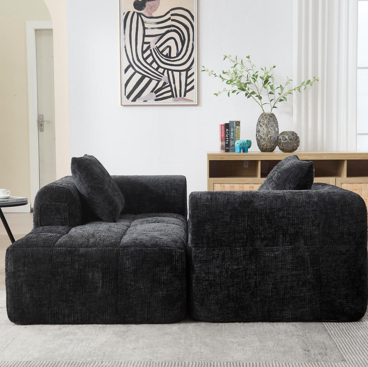 SOFA mit Chaiselongue 250 x 158 cm Chenille Black - Schwarz, Textil (158/250cm) - Meubliv
