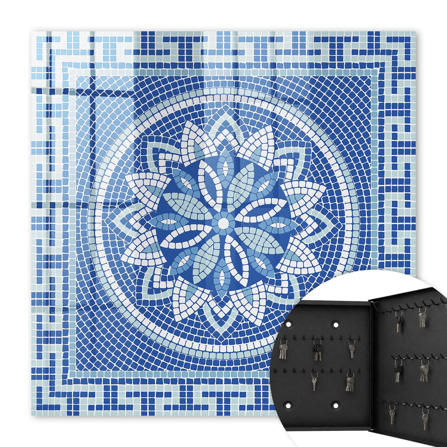 SCHLÜSSELBOX Schwarz 30x30 cm- Türöffnung nach rechts - Blaues Mosaik - Blau, Metall (30/30/5cm) - TULUP