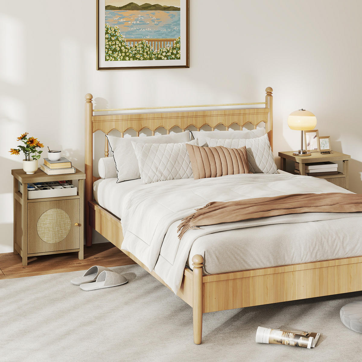 NACHTSCHRANK 2er-Set DE-12898 Rattantür und offenes Fach Braun - Braun, Holzwerkstoff (35/55/40cm) - ComfortXL
