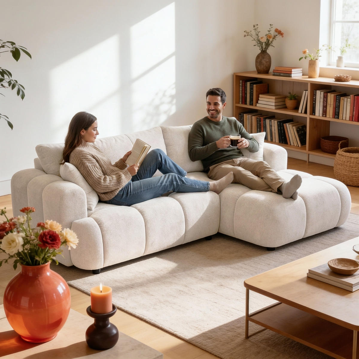 ECKSOFA CALM L Rechts mit Schlaffunktion 140x215 Webstoff weiß - Schwarz/Weiß, Holz/Kunststoff (151/261cm) - Muffo