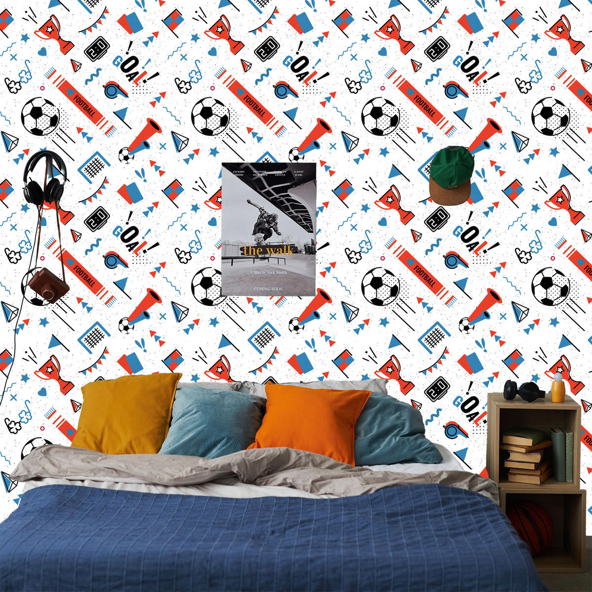 VLIESTAPETE Fußball, Pokale und Flaggen – Rot, Blau, Schwarz, Weiß – 50x1000 cm - Blau/Rot, Papier (50/1000cm) - Muralo