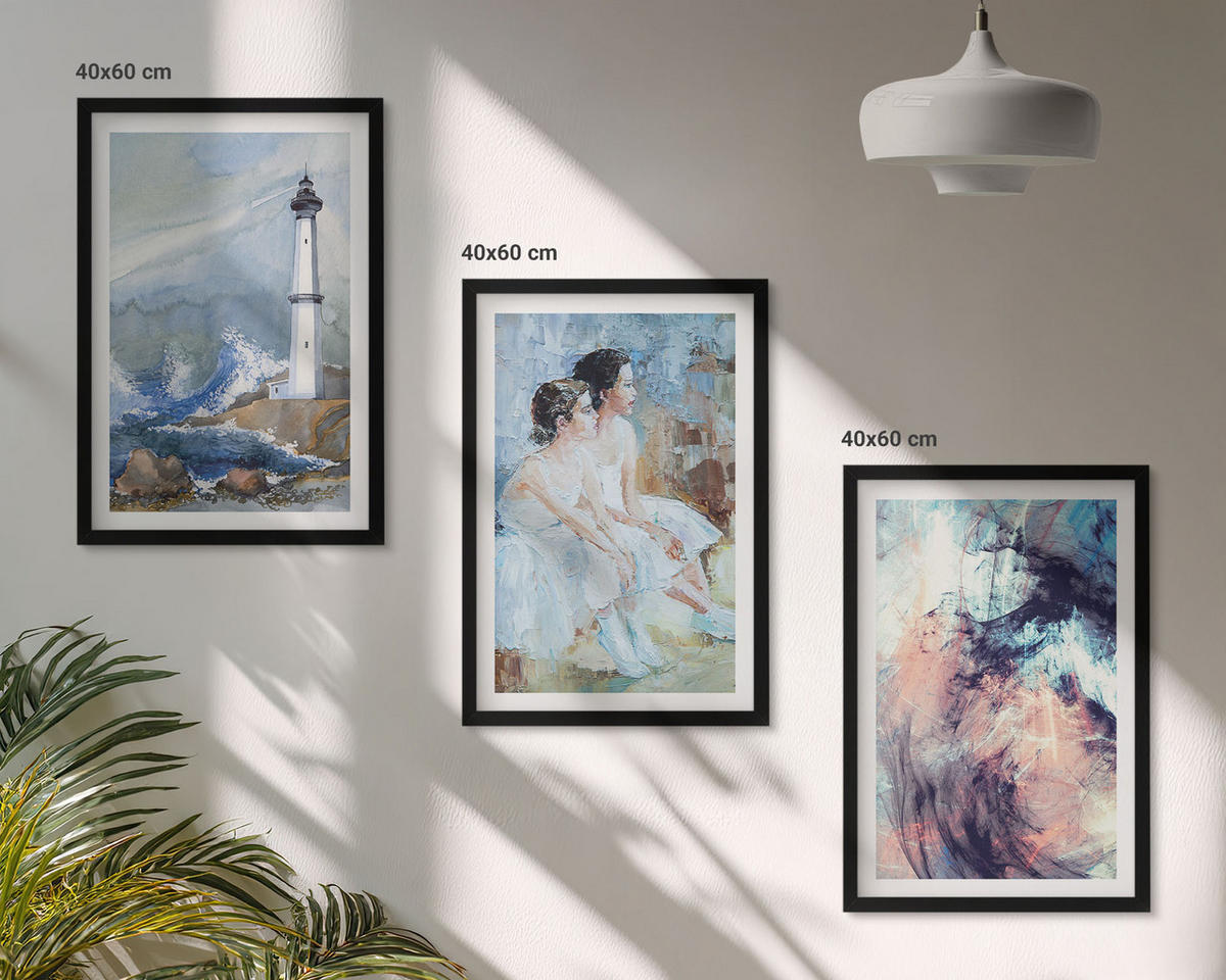 WANDBILDER 3er-Set - 40x60 cm Schwarzer Rahmen - Leuchtturm-Abstrakte Tänzerin - Schwarz, Kunststoff (40/60cm) - ArtPrintCave
