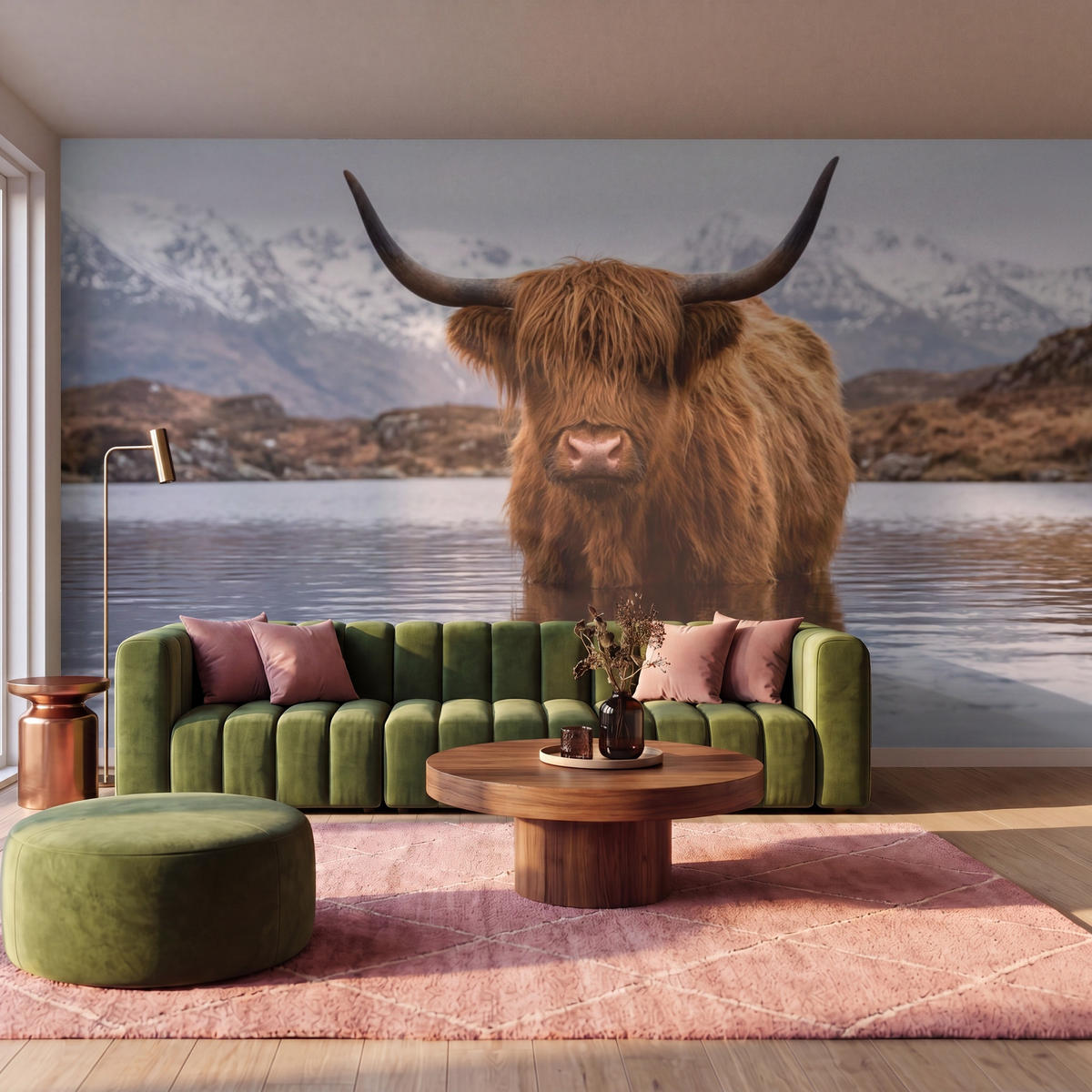TAPETE - Schottischer Hochländer - Braun - Wasser - 400x240 cm - Braun, Papier (400/240cm) - OnlyWow