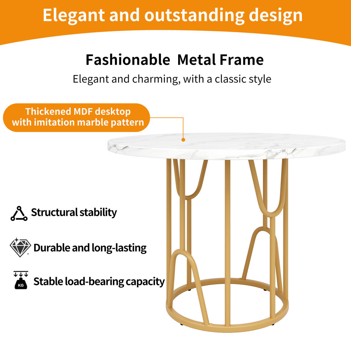 ESSTISCH 80/80/76 cm mit MDF-marmorierter Tischplatte und goldenen Beinen - Weiß, Holzwerkstoff (80/80/76cm) - OKWISH