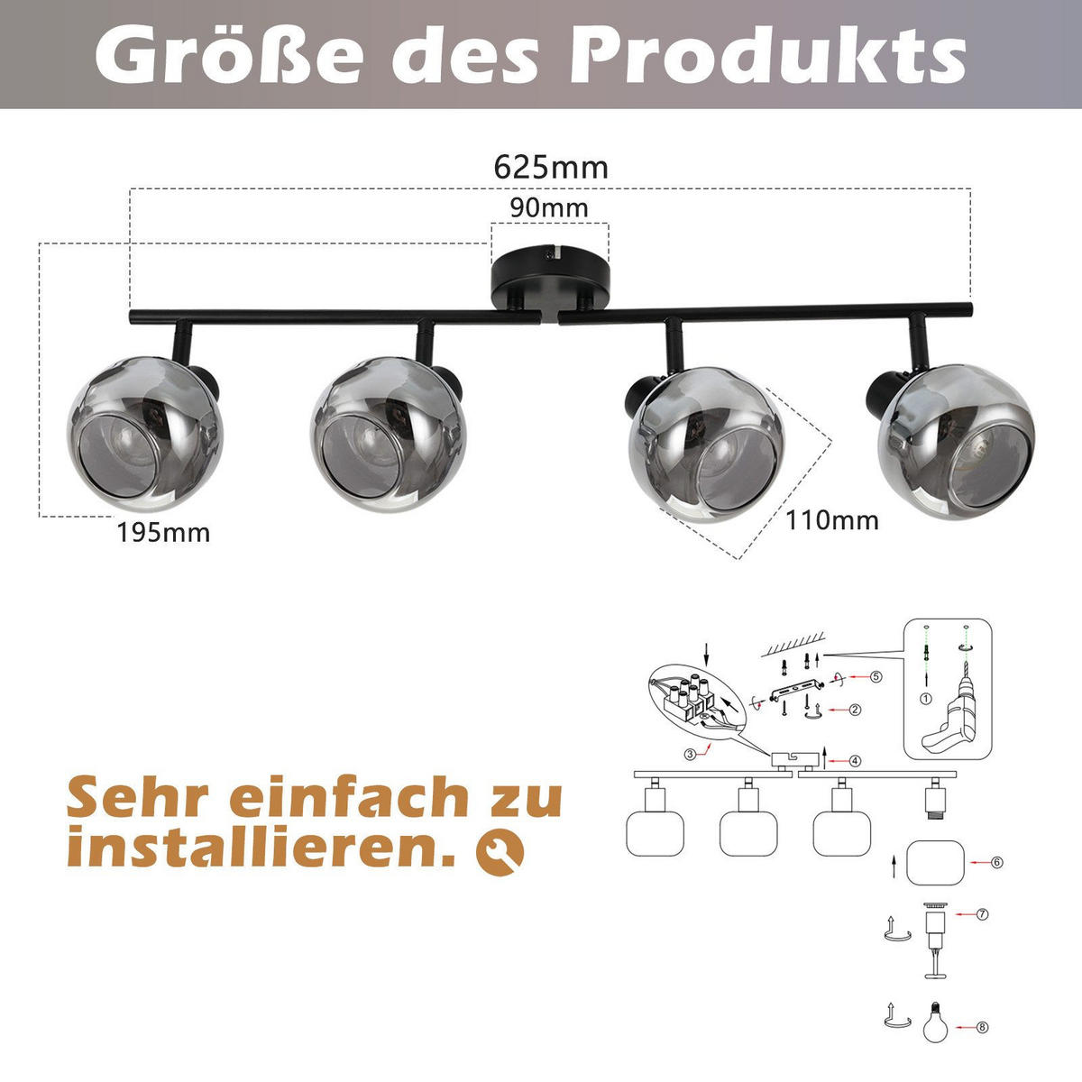 DECKENSTRAHLER Cottbus 4-flammig 62.5/11/19.5 cm - Schwarz, Metall (62.5/11/19.5cm) - Nettlife
