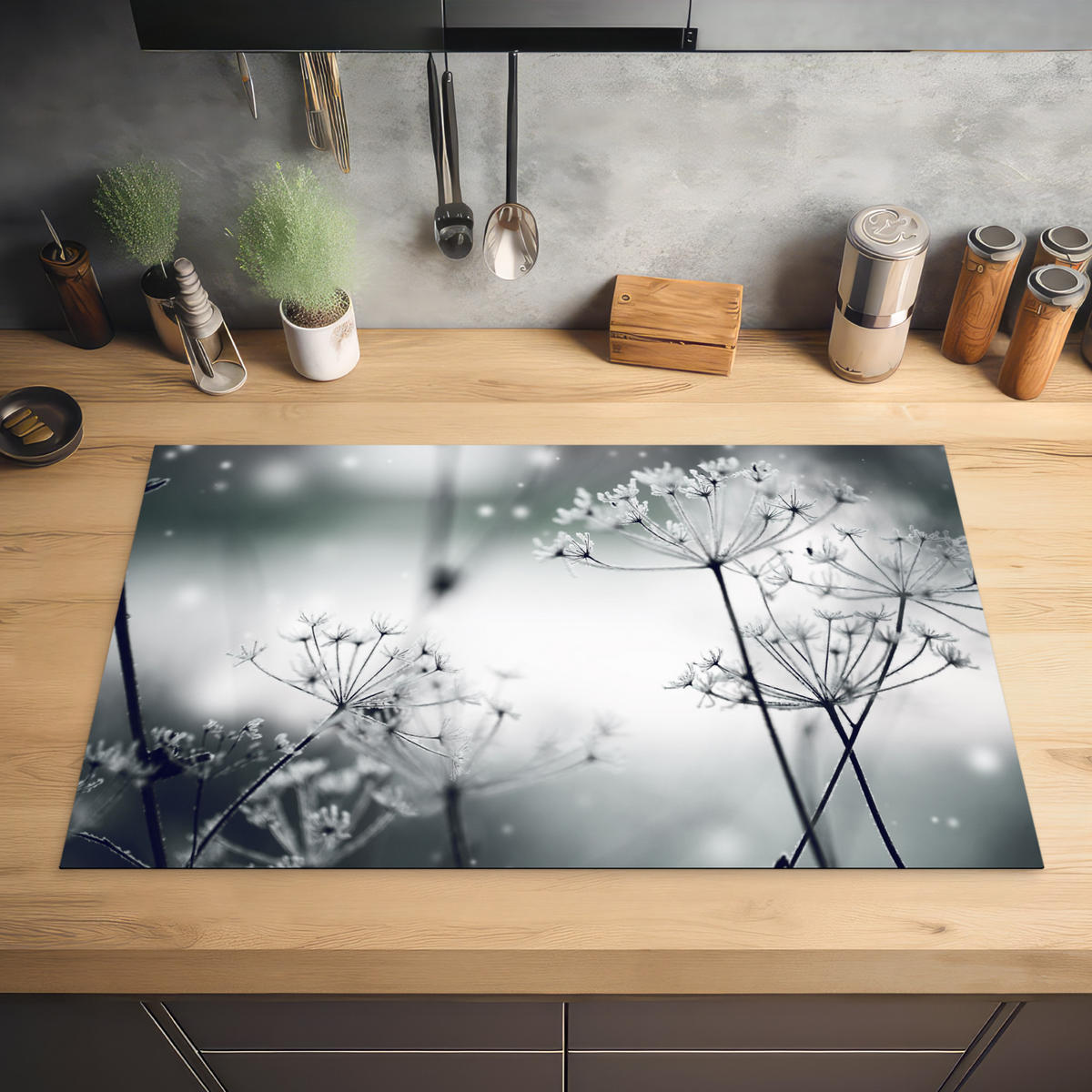 HERDABDECKPLATTE Blumen - Winter - Schnee - Natur Induktionsmatte 83x51 cm - Grau, Kunststoff (83/51.5/0.2cm) - MuchoWow