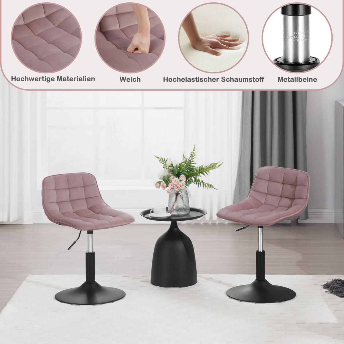 BARHOCKER Mehrzweck 360° Schwenken Samt, Rosa - Schwarz/Rosa, Textil/Metall (42.5/72/45cm) - Woltu
