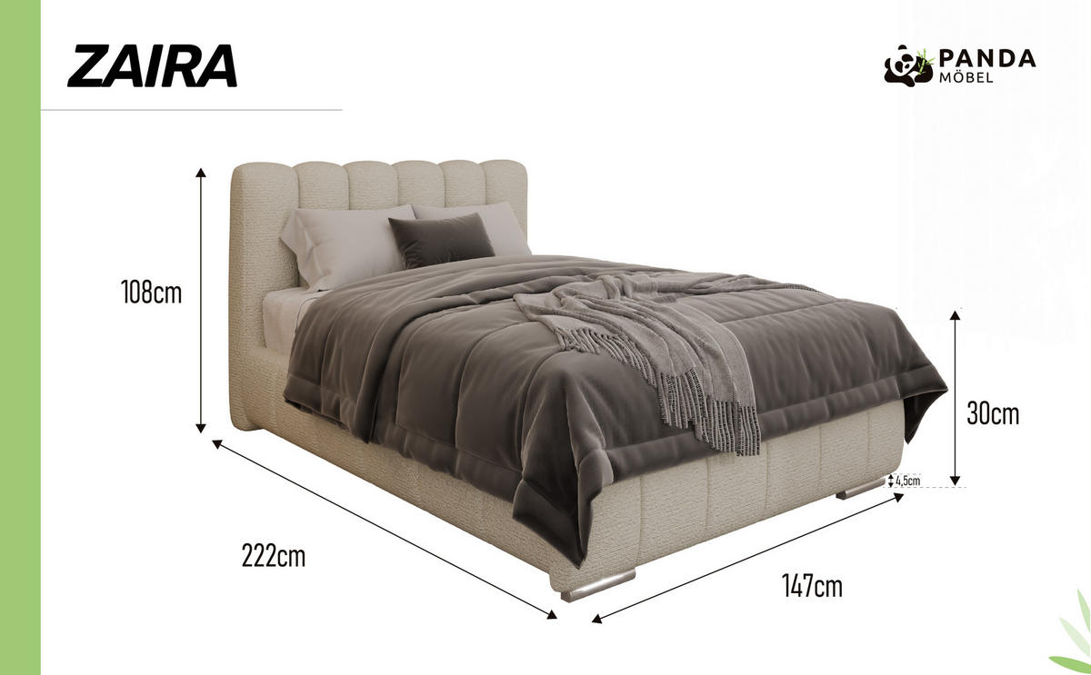POLSTERBETT Zaira 120x200cm – Elegantes Polsterbett für modernen Wohnstil , ohne matratze, creme - Creme, Holz (120/200cm) - Panda Möbel