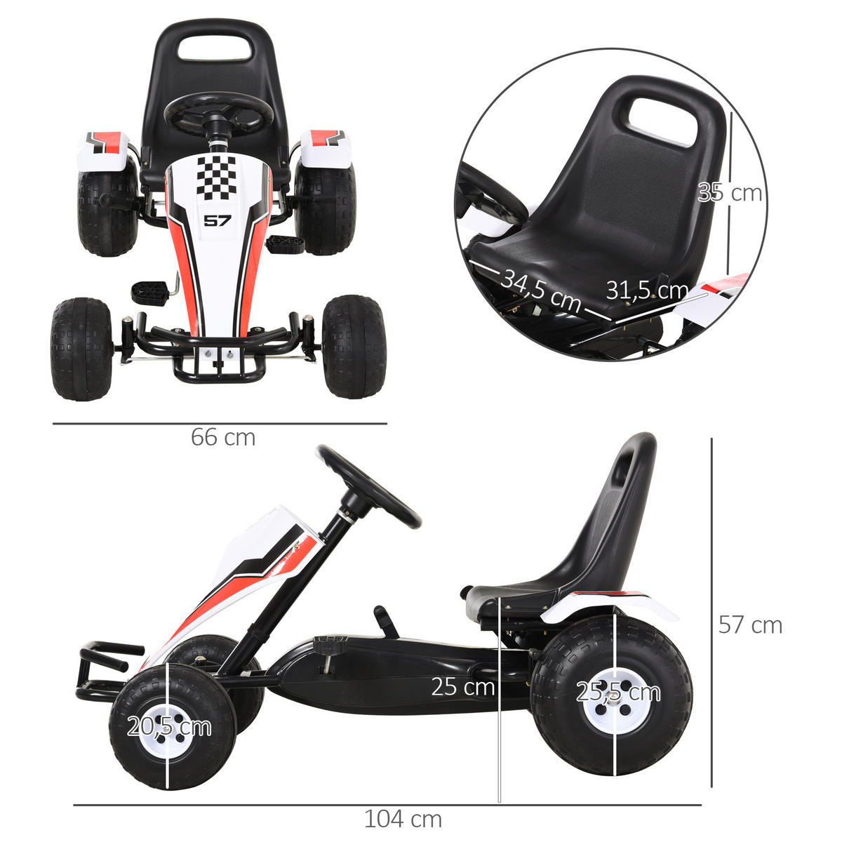 KINDER GO KART TRETAUTO, Weiß, Stahl+ - Weiß, Metall (104/66/57cm) - HOMCOM