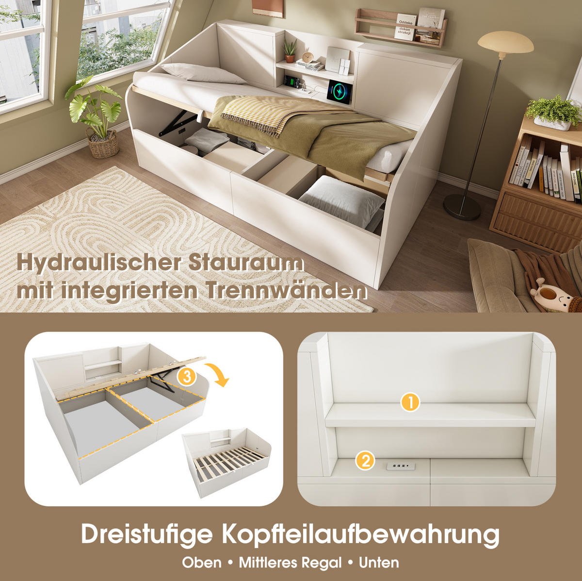 POLSTERBETT 90/200 cm mit USB- und Type-C-Ladestation, hydraulischem Stauraum und Ablagen, Holz, Weiß - Weiß, Textil (90/200cm) - Redom