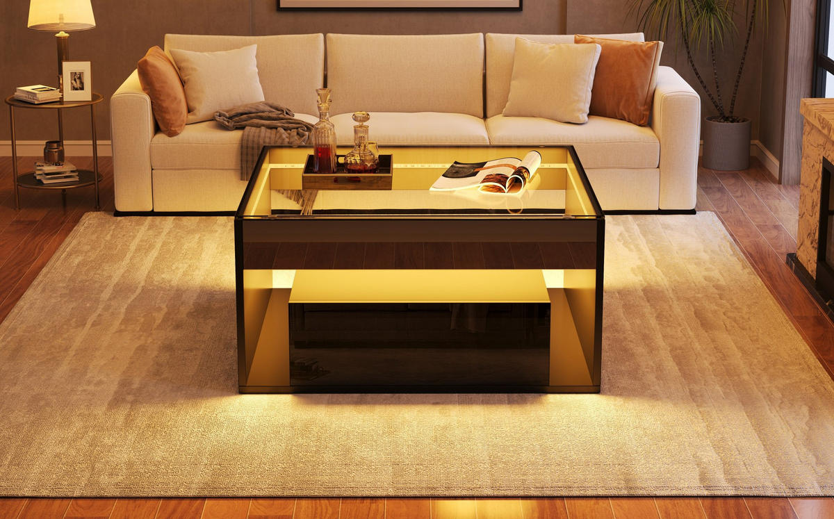 COUCHTISCH 70/70/35 cm mit LED-Beleuchtung und 2 Schubladen in Schwarz - Schwarz, Holzwerkstoff (70/70/35cm) - Flora Grace