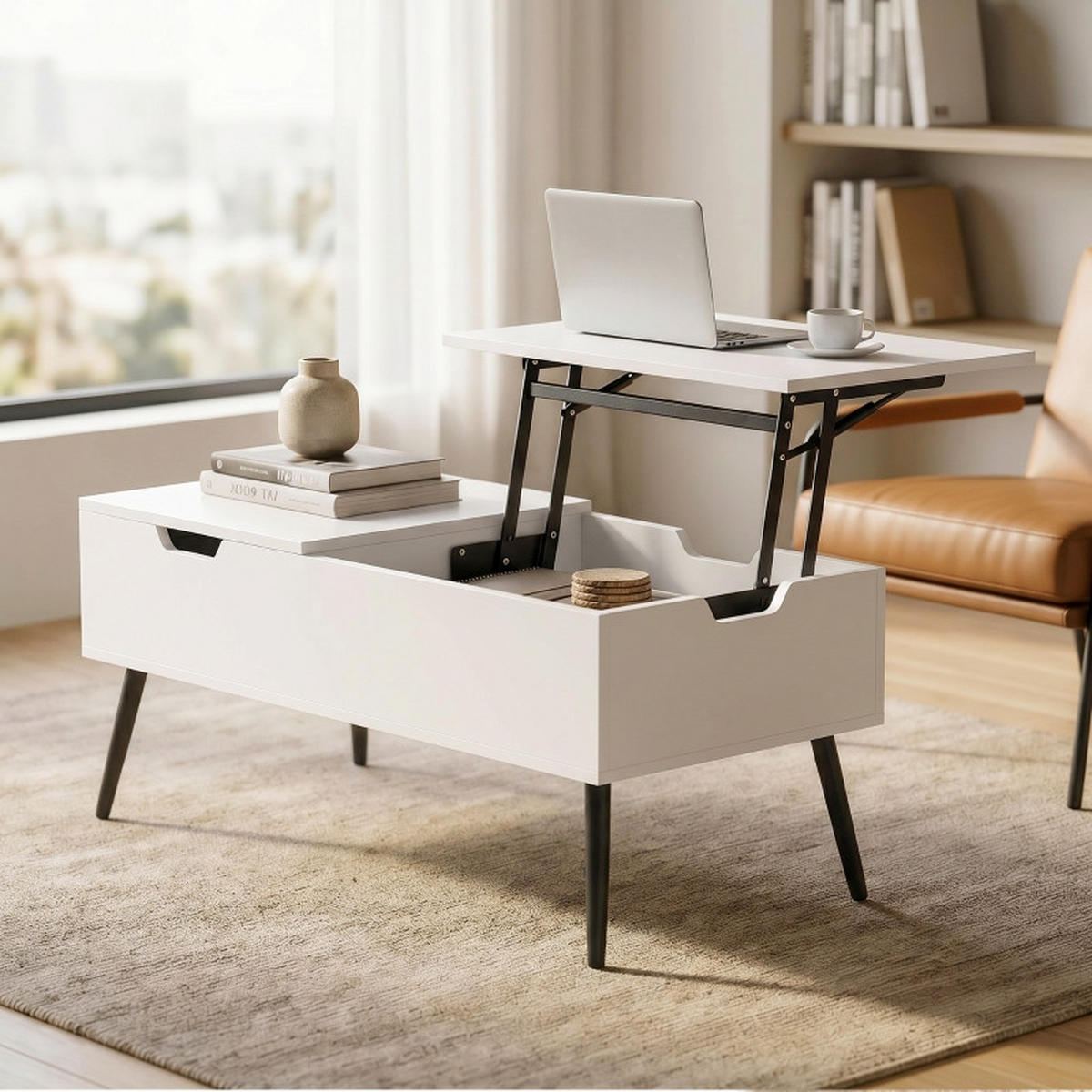 COUCHTISCH DE-37207 Lift-Top mit 2 Klappdeckeln Weiß/Schwarz - Weiß, Holzwerkstoff (100/50/58cm) - ComfortXL