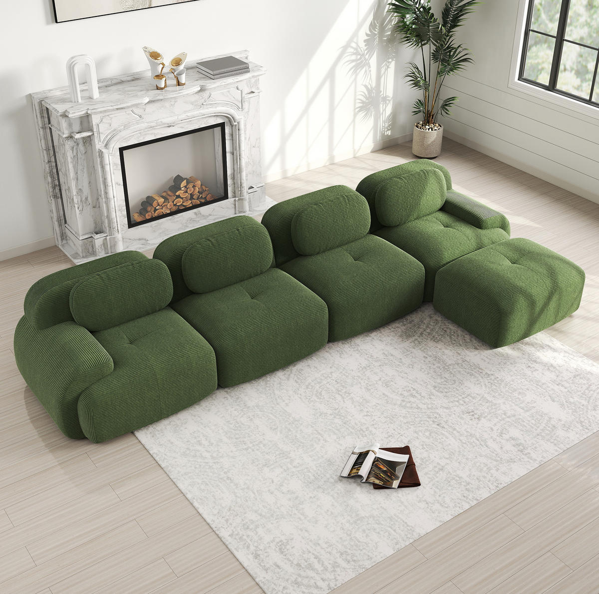 ECKSOFA in Grün mit Chaiselongue und Cordbezug - Grün, Textil (178/388cm) - Flora Grace