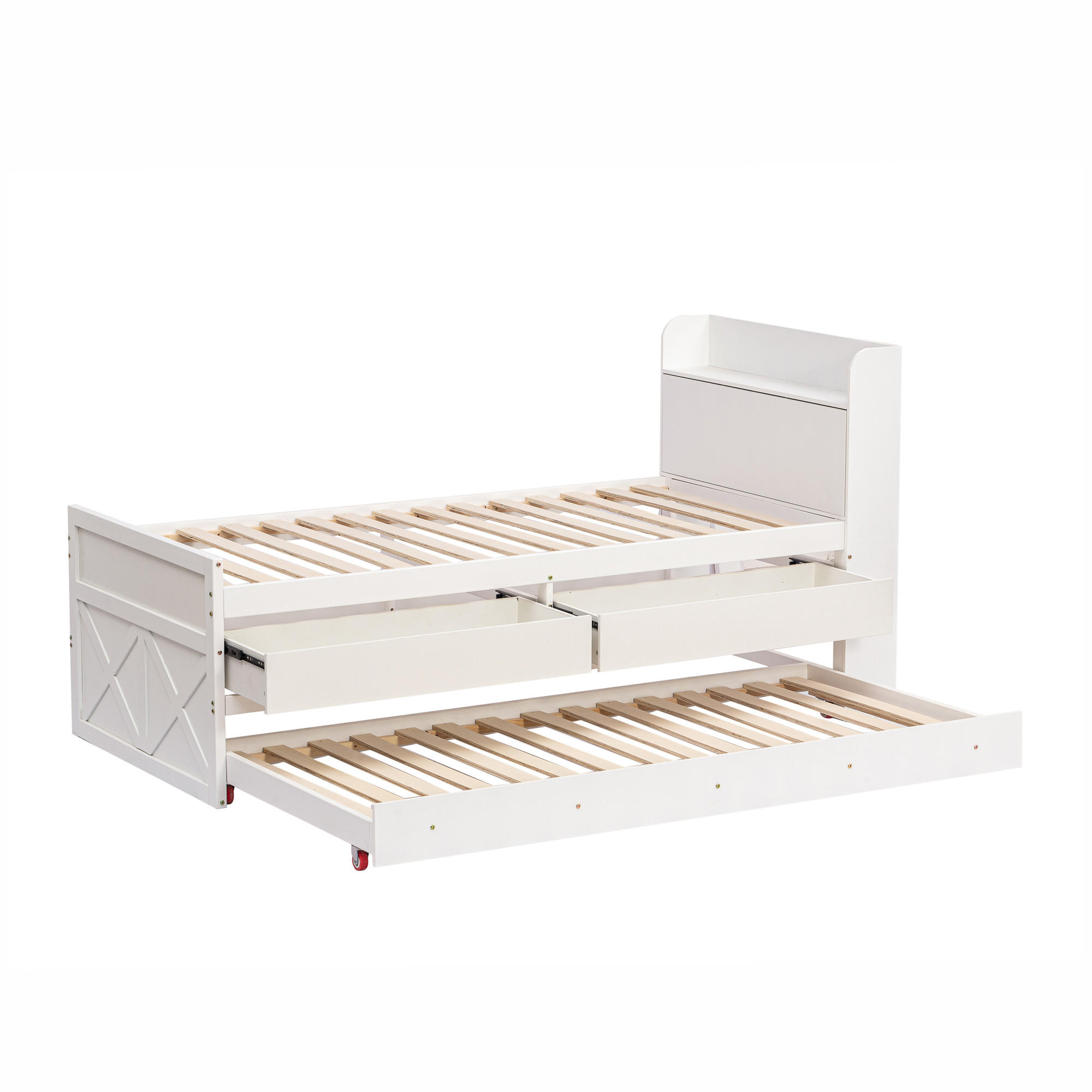 AUSZIEHBETT 90/190 cm DE-04214, Schubladen, Lattenrost und Nachttisch mit USB, in Weiß - Weiß, Holz (90/190cm) - ComfortXL