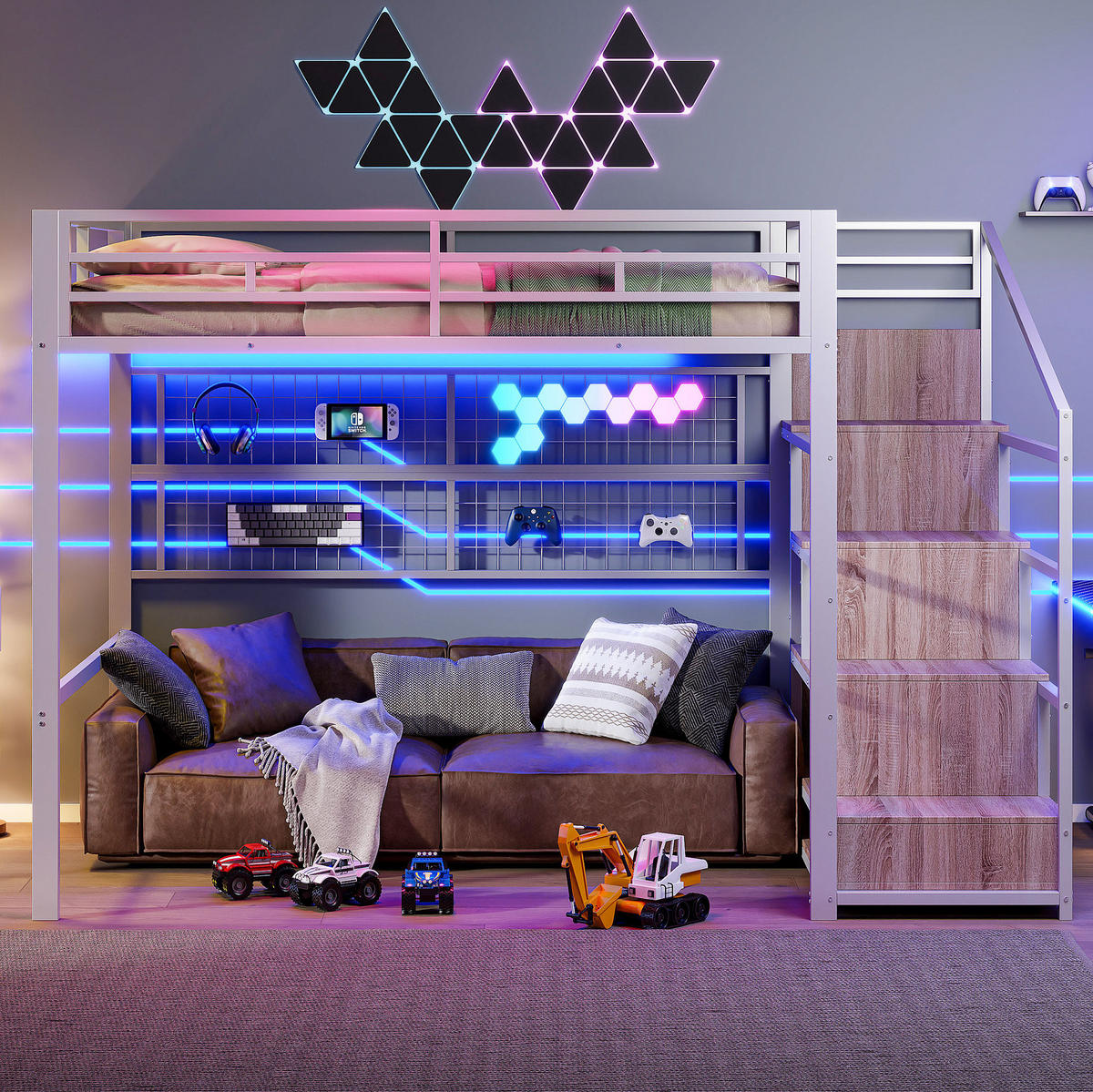HOCHBETT 140/200 cm aus Metall und MDF mit Kleiderschrankleiter und 7-Farben-LED Weiß - Weiß, Metall (140/200cm) - Modenvie