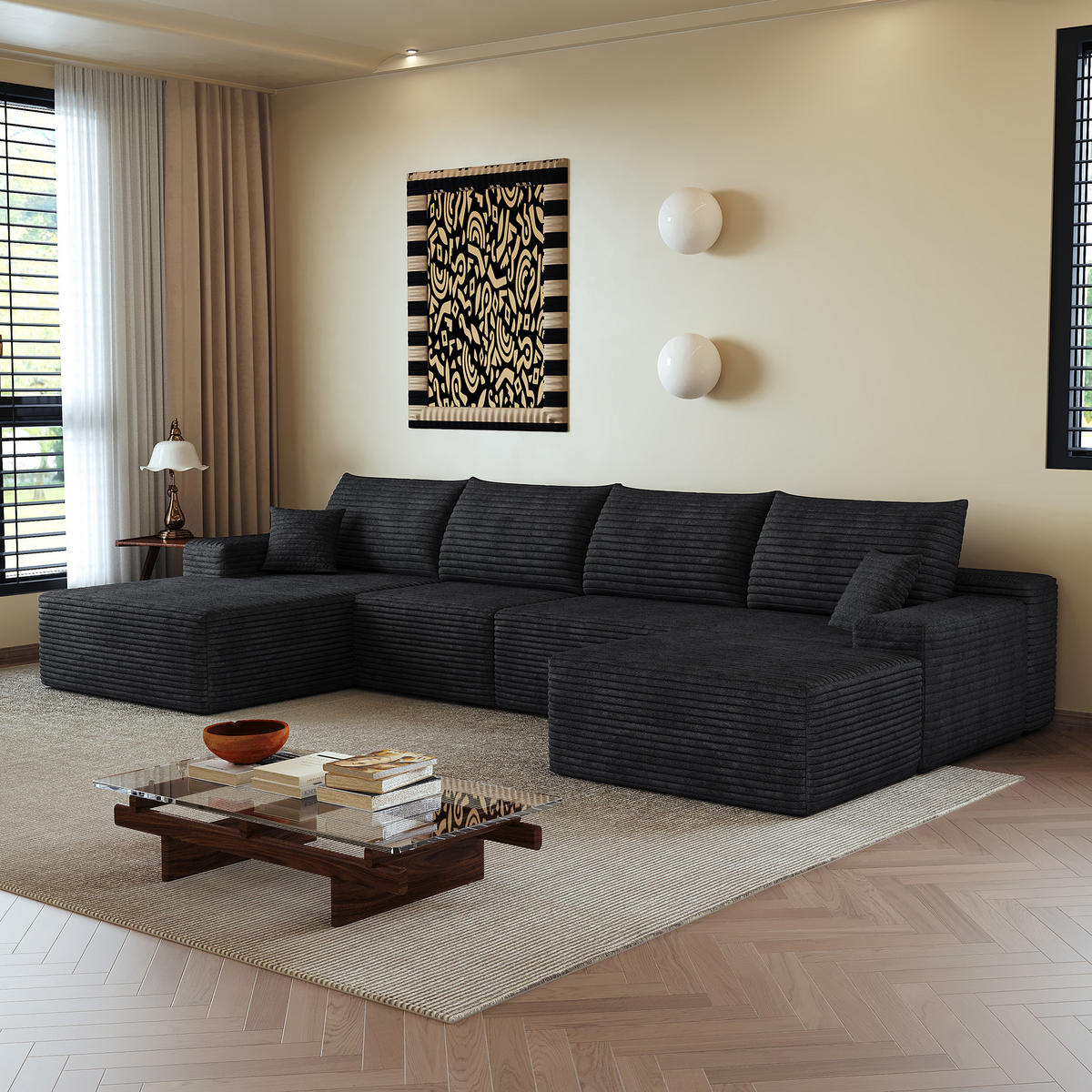WOHNLANDSCHAFT DE-34857 U-Form 3-Sitzer Chaiselongue links Schwarz - Schwarz, Textil (175/83/270cm) - ComfortXL