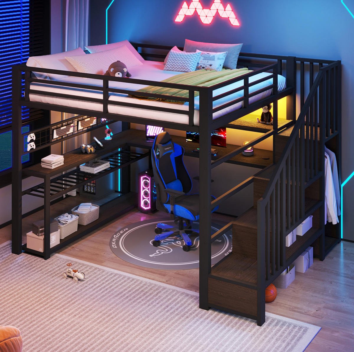 GAMING-HOCHBETT 140x200 cm in Schwarz mit LED, Schreibtisch, Kleiderschrank und Stauraum - Schwarz, Holzwerkstoff (140/200cm) - IVMEU