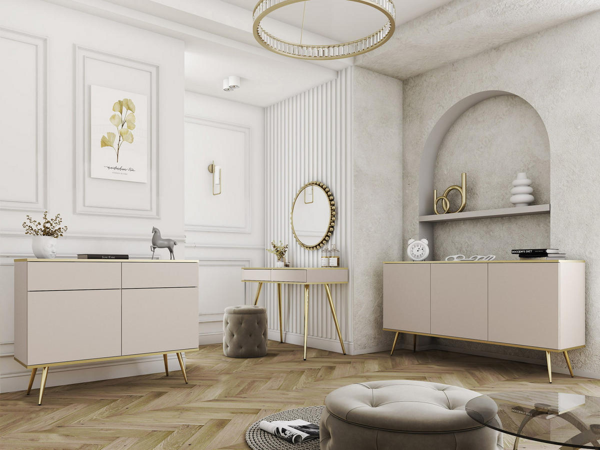 KOMMODE 160cm Rodi auf Beinen - 3 Türen, Beige + Gold - Beige/Goldfarben, Holz (160/85/39cm) - Emporius