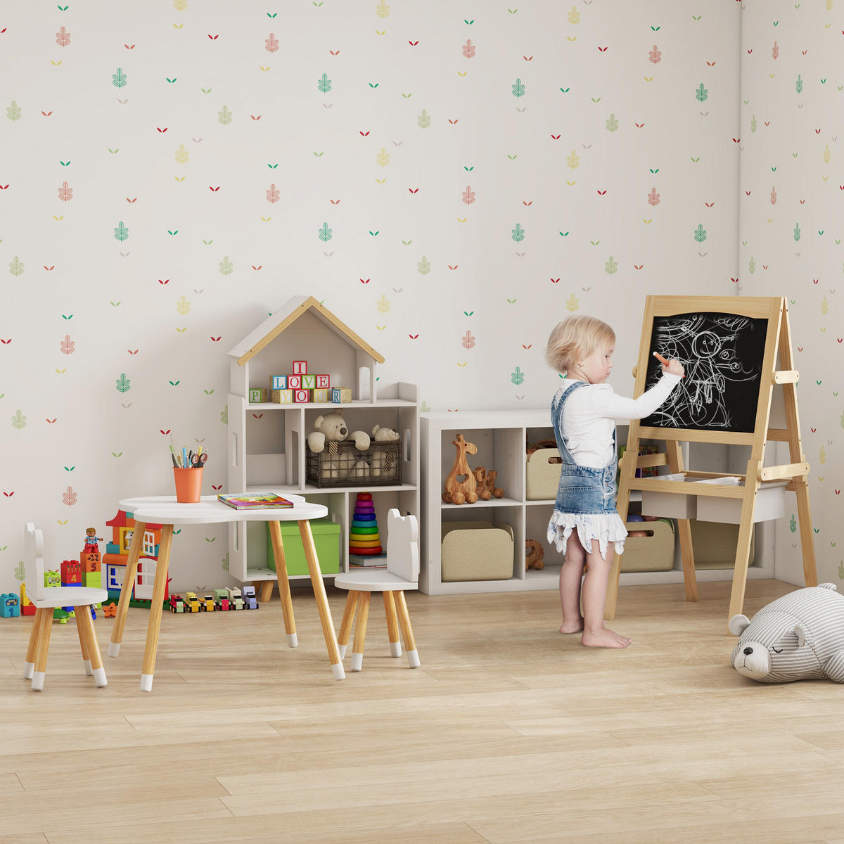 KINDERSITZGRUPPE DE-17500 Skandinavisches Design mit Bärenmotiv Weiß - Weiß, Holzwerkstoff (56/50/56cm) - ComfortXL