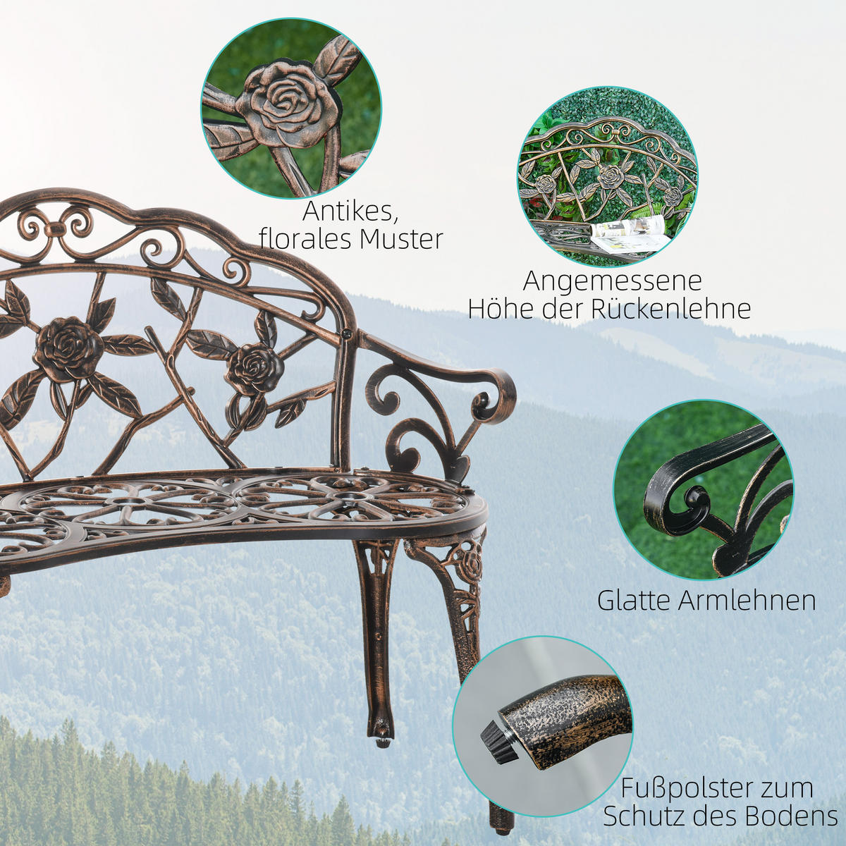 GARTENBANK 2-Sitzer DE-08358 Retro Stil mit Blumenmuster Bronze - Bronzefarben, Metall (100/78/54cm) - ComfortXL
