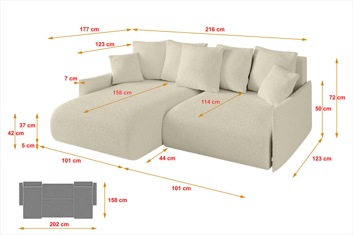 ECKSOFA mit Schlaffunktion und Bettkasten ONESK-L -v1 216x177x72 Beige Bouclé - Champagner/Creme, Holzwerkstoff/Kunststoff (216/177cm) - ALTDECOR