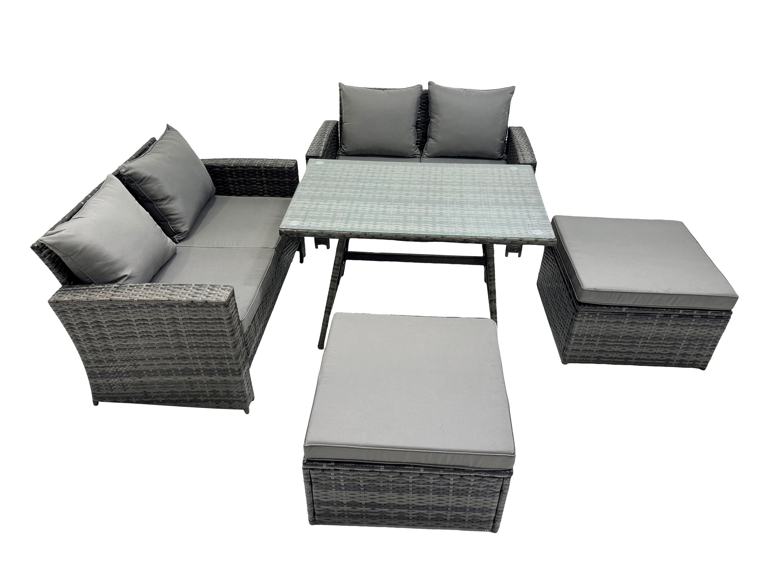 GARTENMÖBELSET mit ESSTISCH,HOCHLEHNER-SOFA Polyrattan Dunkelgrauer Mix 6-Sitzer - Dunkelgrau/Grau, Glas/Kunststoff - Fimous