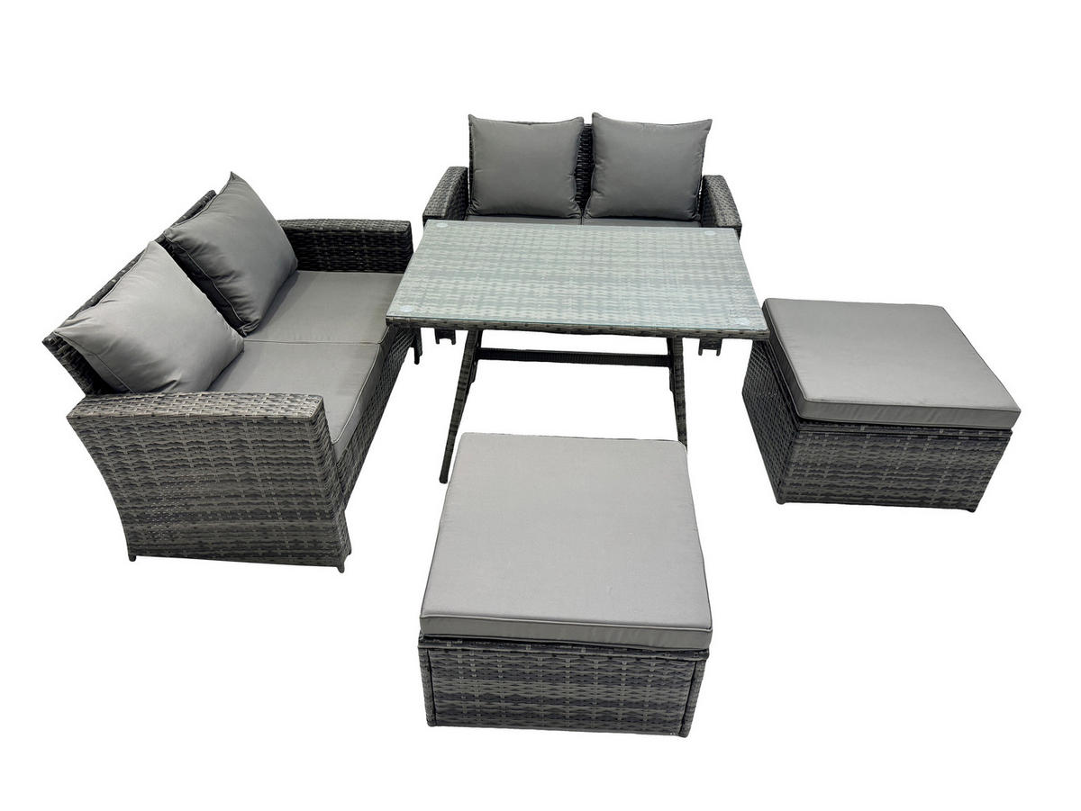 GARTENMÖBELSET mit ESSTISCH,HOCHLEHNER-SOFA Polyrattan Dunkelgrauer Mix 6-Sitzer - Dunkelgrau/Grau, Glas/Kunststoff - Fimous