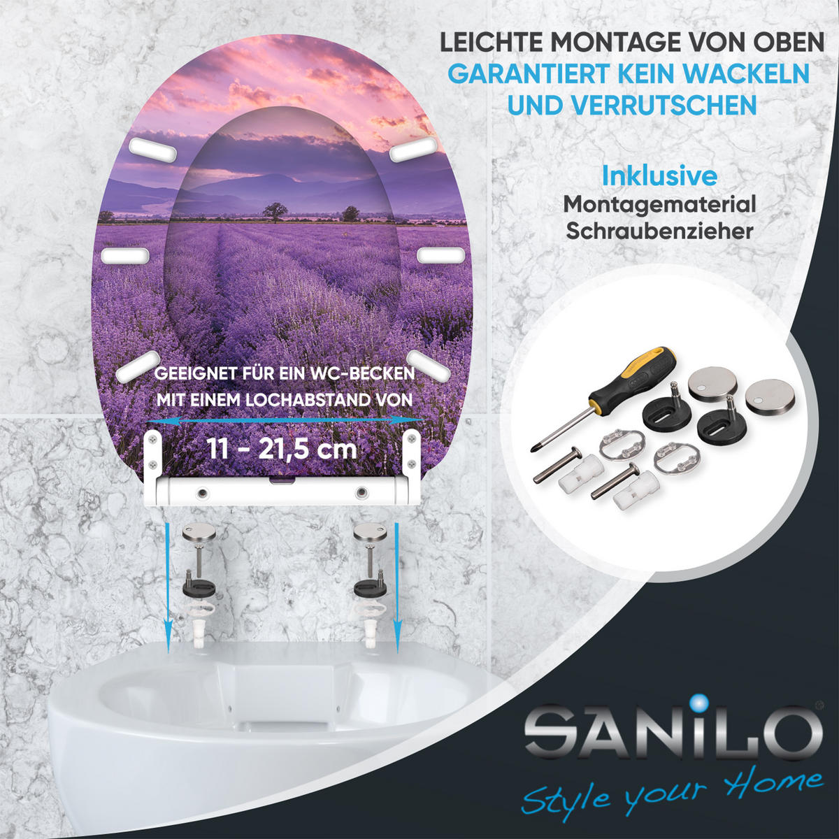 WC-SITZ mit Absenkautomatik & Top Fix Lavendel - Lila, Holzwerkstoff (37.7/5.5/48cm) - Sanilo