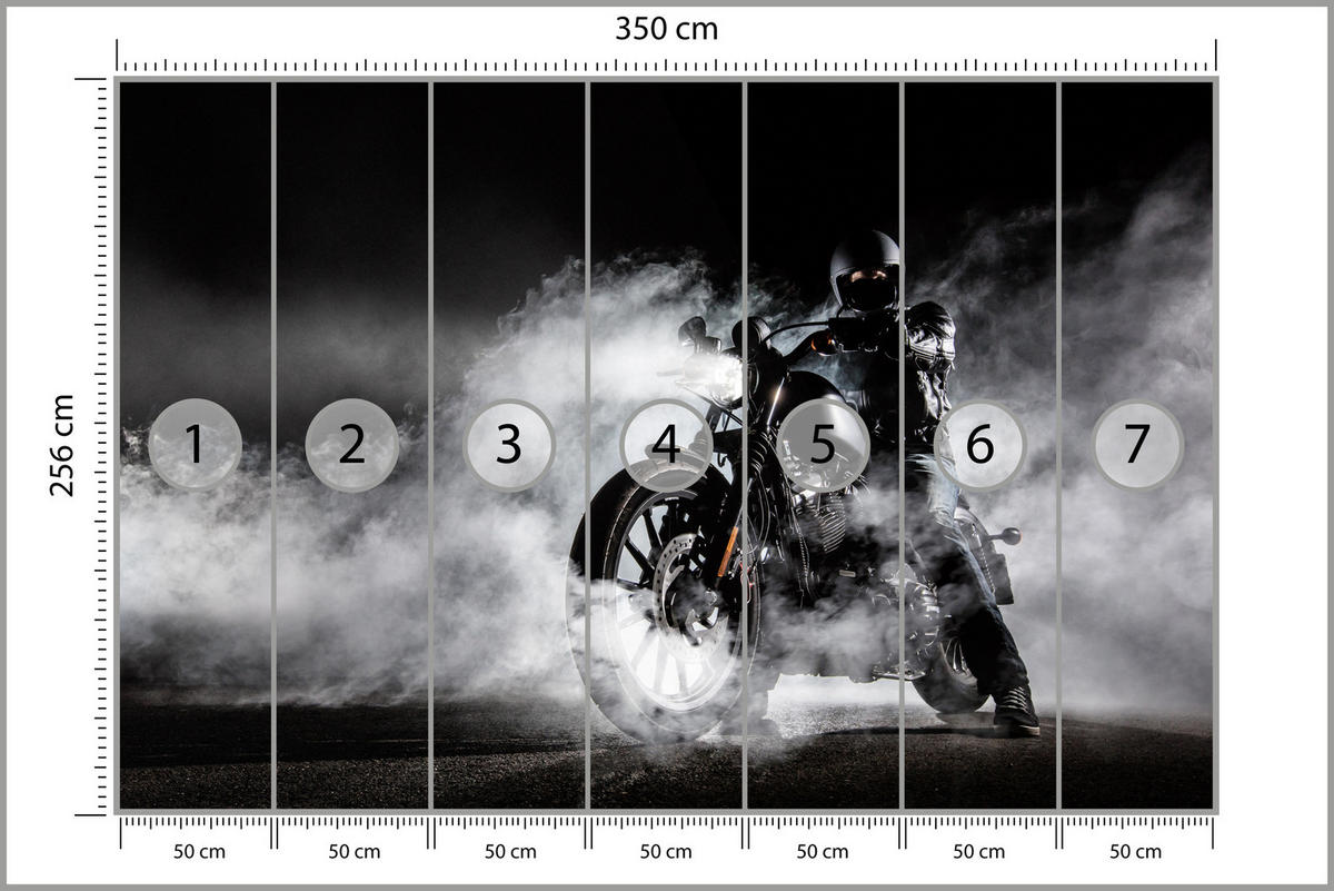 FOTOTAPETE für Jugendzimmer Motorrad Nebel Mann Straße Rauch Sport Action 350x256 - Schwarz/Weiß, Papier (350/256cm) - Muralo