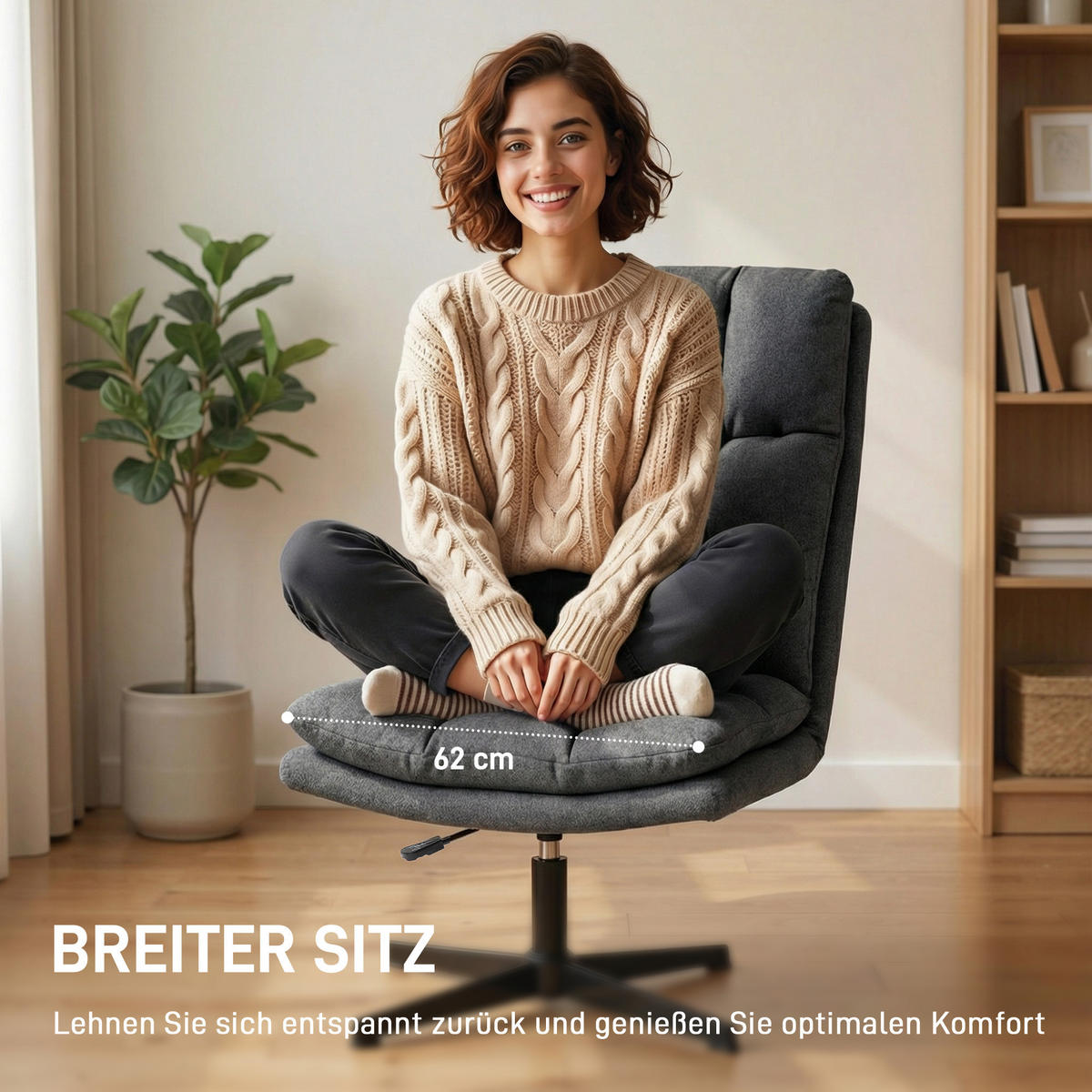DREHBARER AKZENTSTUHL DE-06924 breiter Sitz in Leinenoptik Dunkelgrau - Dunkelgrau, Textil/Metall (63/102/75cm) - ComfortXL