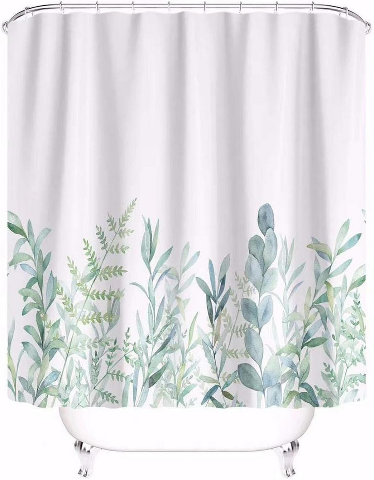 DUSCHVORHANG Stoff mit Muster Blätter Grün und Blumen schimmelresistent waschbar mit Ringen - Weiß, Textil (180/3cm) - MCBOSON